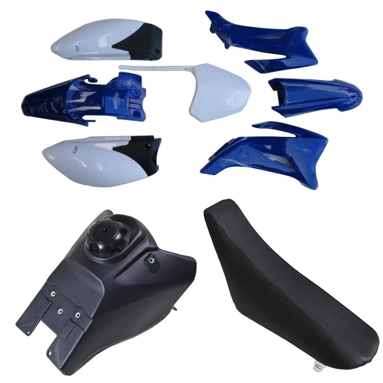 Plastic Fender Fairing Kit & Fuel Gas Tank & Seat for TTR-R110E Pit Dirt Bike (Blue&White)