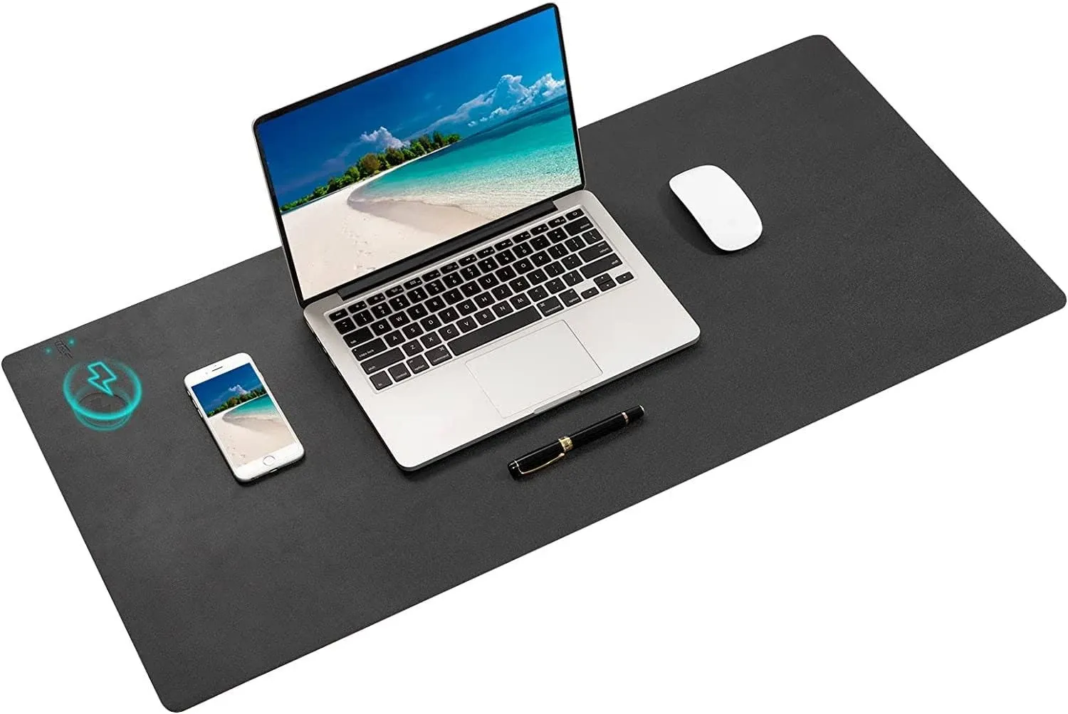 Wireless Charging Mouse Pad Firelison 2 in 1 Leather Multifunctional Office Desk Pad with Non-Slip Rubber Base, Waterproof Desk pad for Computers/Office/Work/Home/Decor（ 32" x 16"Black - L）