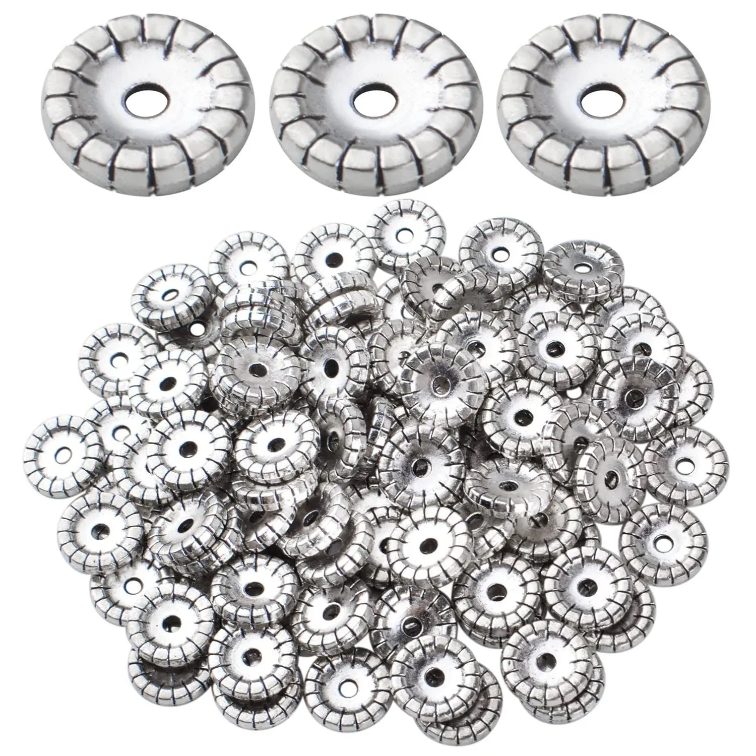 BronaGrand 100pcs Antique Silver Plated Gear Spacers Beads Alloy Flat Round Bead ...