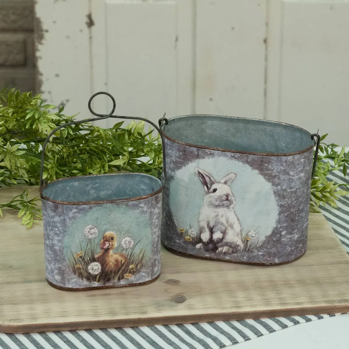 Primitives by Kathy Spring Decorative Bucket Set, 7.50" x 4.25" x 3.50", 5.50" x 3.50" x 2.50"