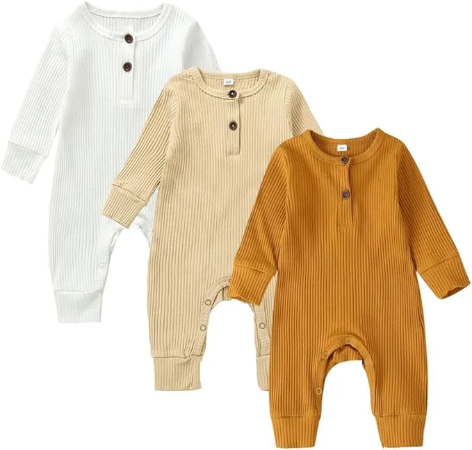 Bafeicao Baby Boy Girl 2/3 Pack Solid Romper Ribbed Short/Long Sleeve Bodysuit Jumpsuit Infant Knitted Outfits Clothes