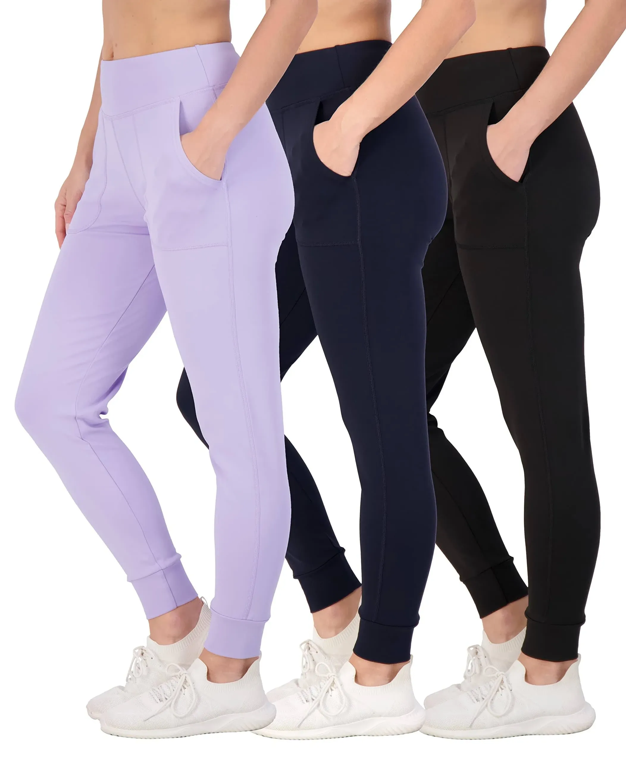 Real Essentials 3 Pack: Women's Joggers with Pockets - High Waist Workout Yoga ...