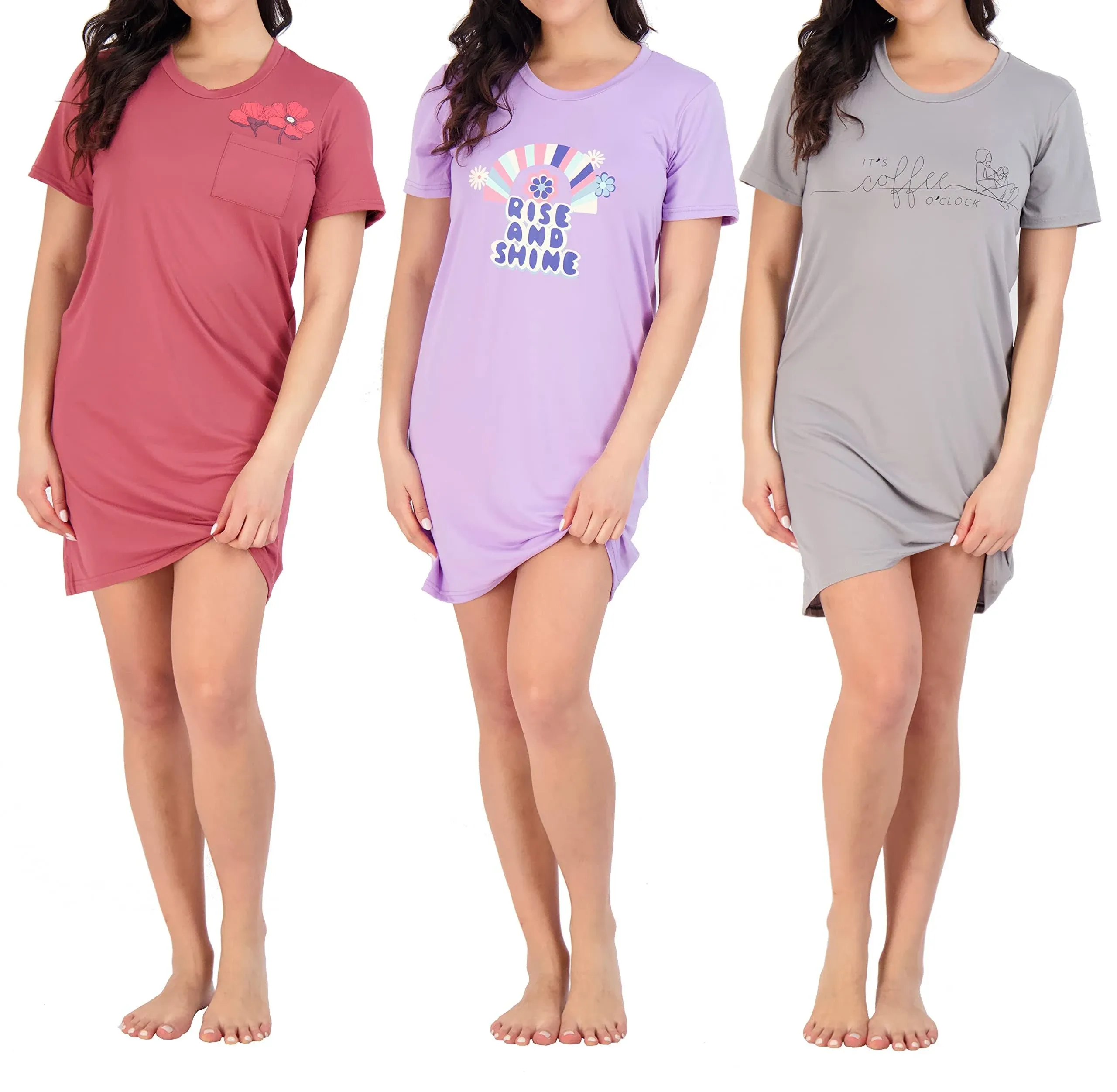 Real Essentials 3 Pack: Women's Printed Nightshirt Short Sleeve Ultra-Soft ...