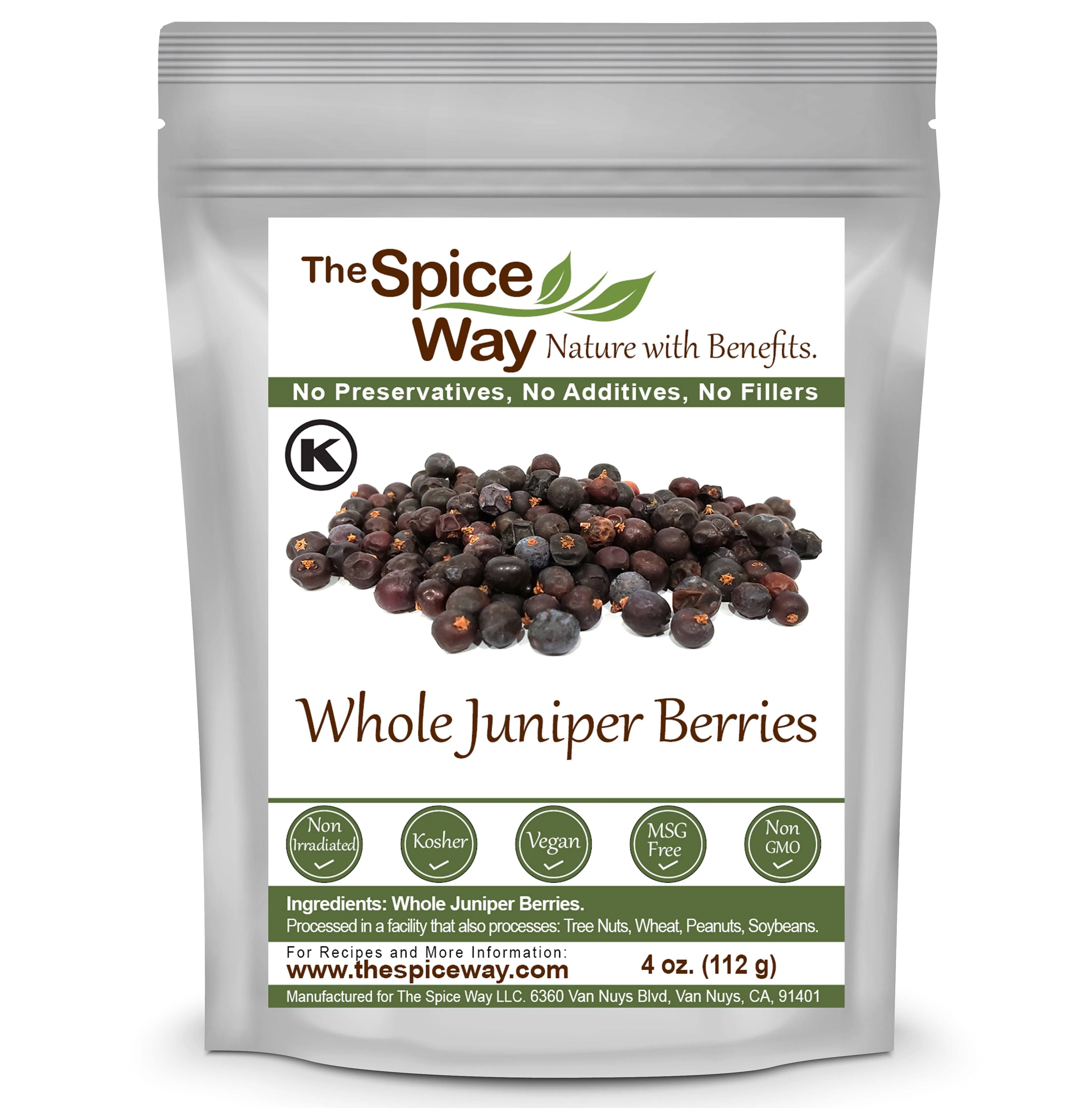 The Spice Way Juniper Berries - Whole berries, pure, no additives, Non-GMO, no preservatives, (4 oz) great for cooking and for spicing tea, syrup, meat, beef, turkey, soups and more. resealable bag