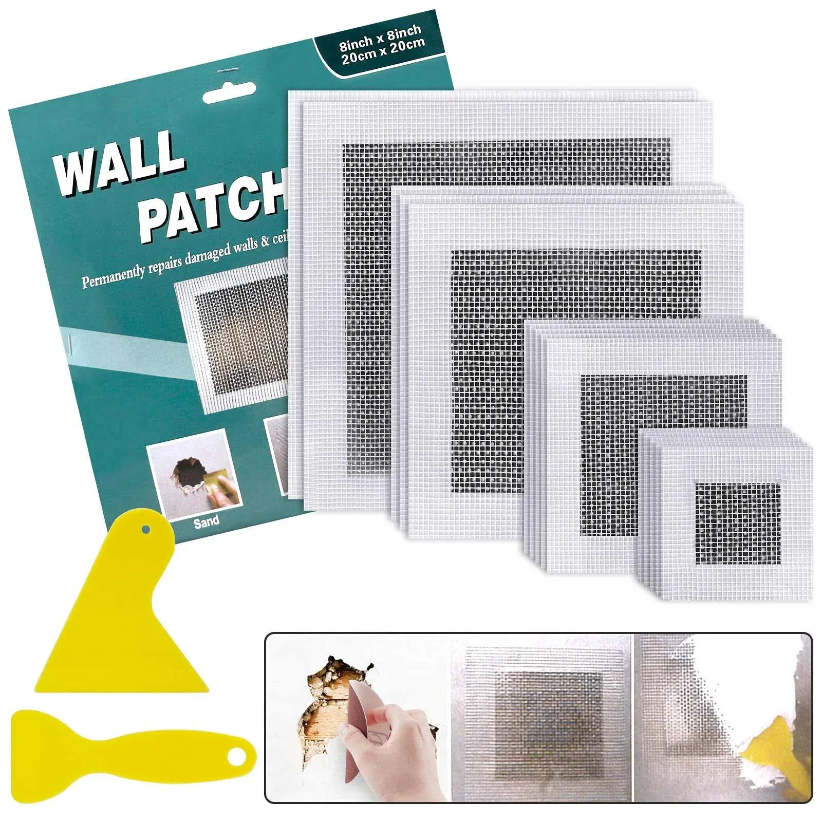 15 Pcs Drywall Repair Kit, 2/4/6/8 Inch Self Adhesive Fiberglass Mesh Wall Re...