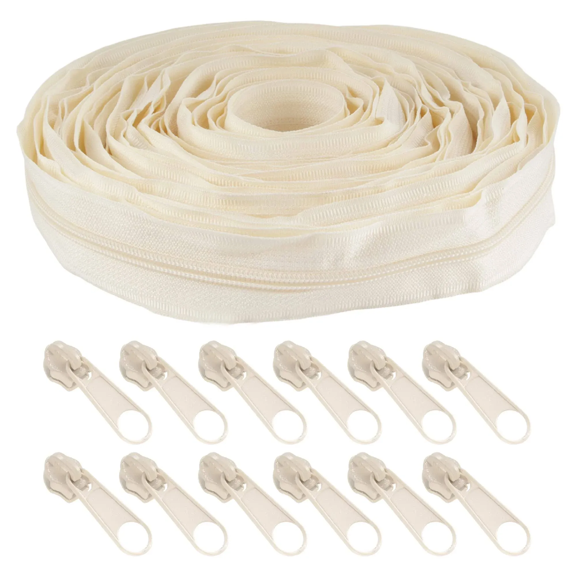 30 Yards 5 Nylon Coil Zipper Tape With 30 Metal Slider Pulls Beige