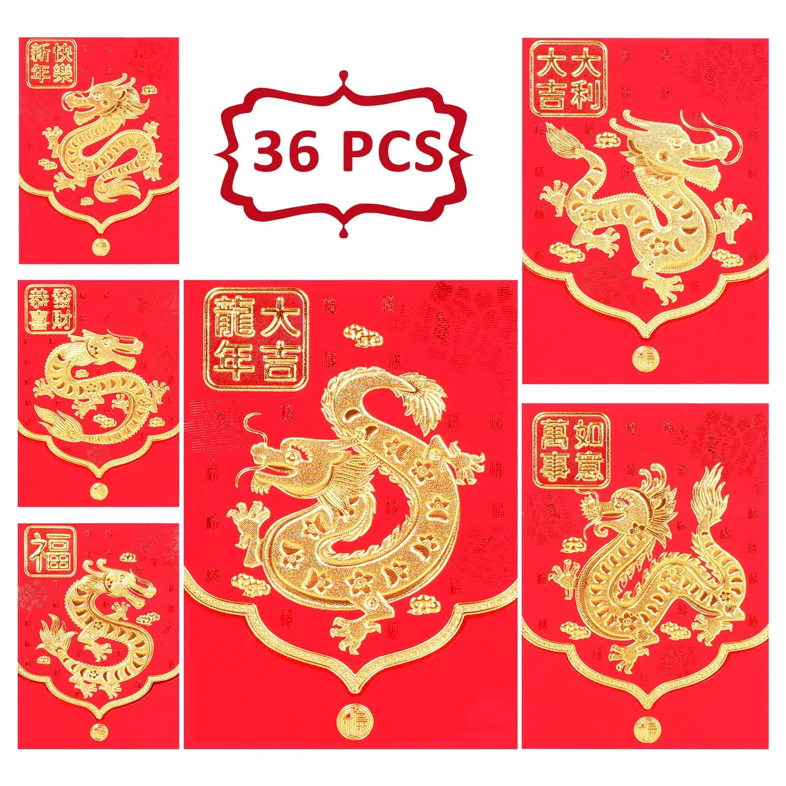 36 Pack 2024 Year of the Dragon Red Envelopes for Spring Festival, 6 Design Heavy Duty Chinese New Year Red Envelopes for New Year Decor Best Bless Presents, 3.15 x 4.53IN Red Packet