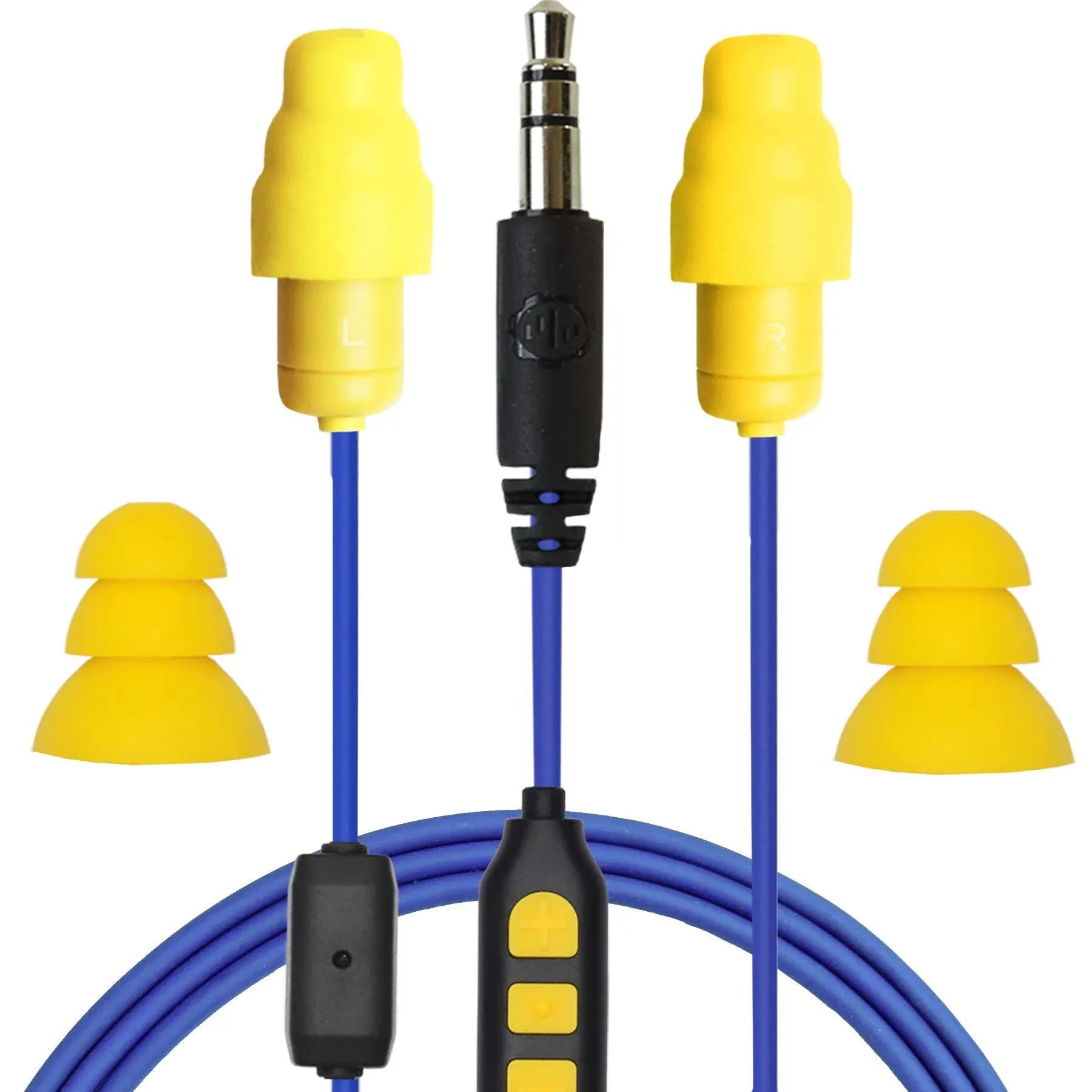 Plugfones Guardian Plus in-Ear Earplug Earbud Hybrid - Noise Reduction in-Ear Headphones with Noise Isolating Mic and Controls (Yellow & Blue)