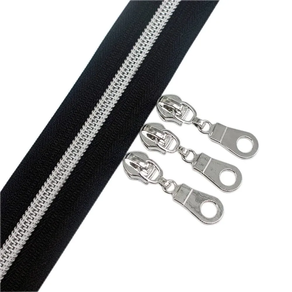 YaHoGa #5 Silver Metallic Nylon Coil Zippers by The Yard Bulk Black Tape 10 Yards with 25pcs Pulls for DIY Sewing Tailor Craft Bags (Black)