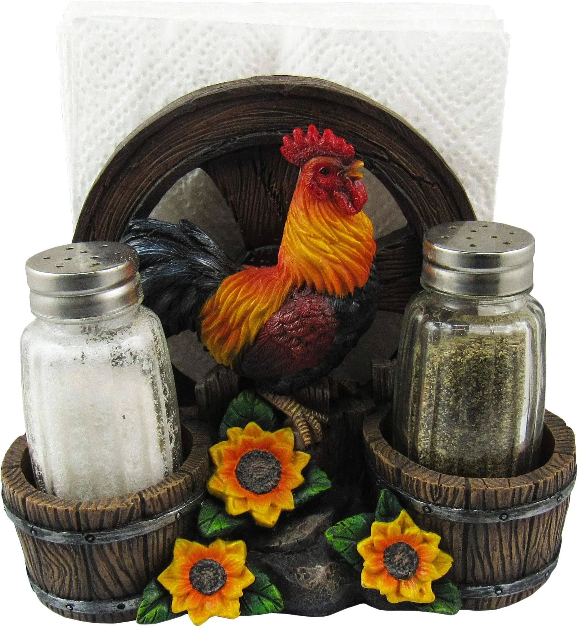 Rooster with Wagon Wheel and Sunflowers Napkin Salt &amp; Pepper Shaker Holder