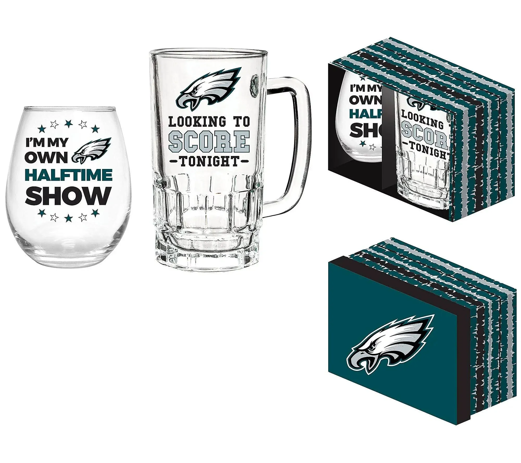 Team Sports America NFL Philadelphia Eagles, Stemless 17 OZ Wine Glass & Beer Mug 16 OZ Gift Set with Box | Keeps Drinks Cold | Officially Licensed