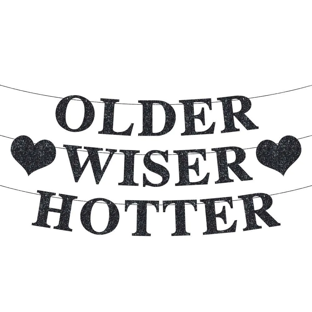 Older Wiser Hotter Banner Funny Birthday Party Decorations for Women Black Gl...