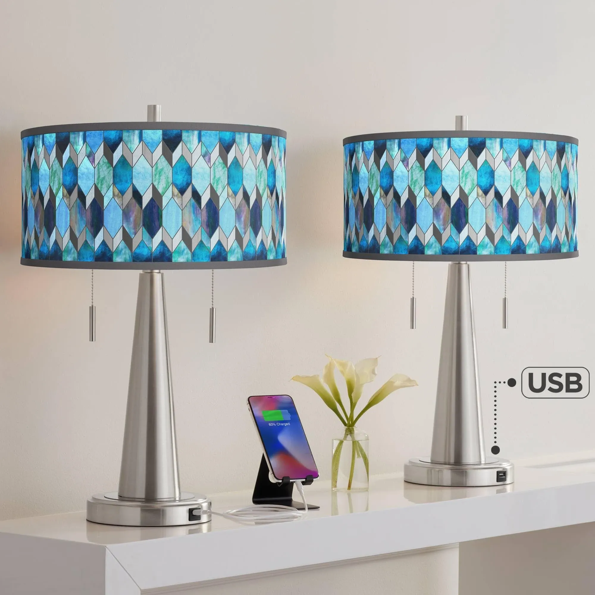 Vicki 23" Blue Mosaic Print Shade Nickel USB Lamps Set of 2