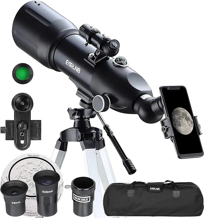 ESSLNB Telescopes for Adults Astronomy, 80mm Astronomical Travel Telescopes with Moon Filter, Erect Image, 10 Times Refractor, Tripod and Carrying Bag for Astronomy Beginners (40080 Telescope)