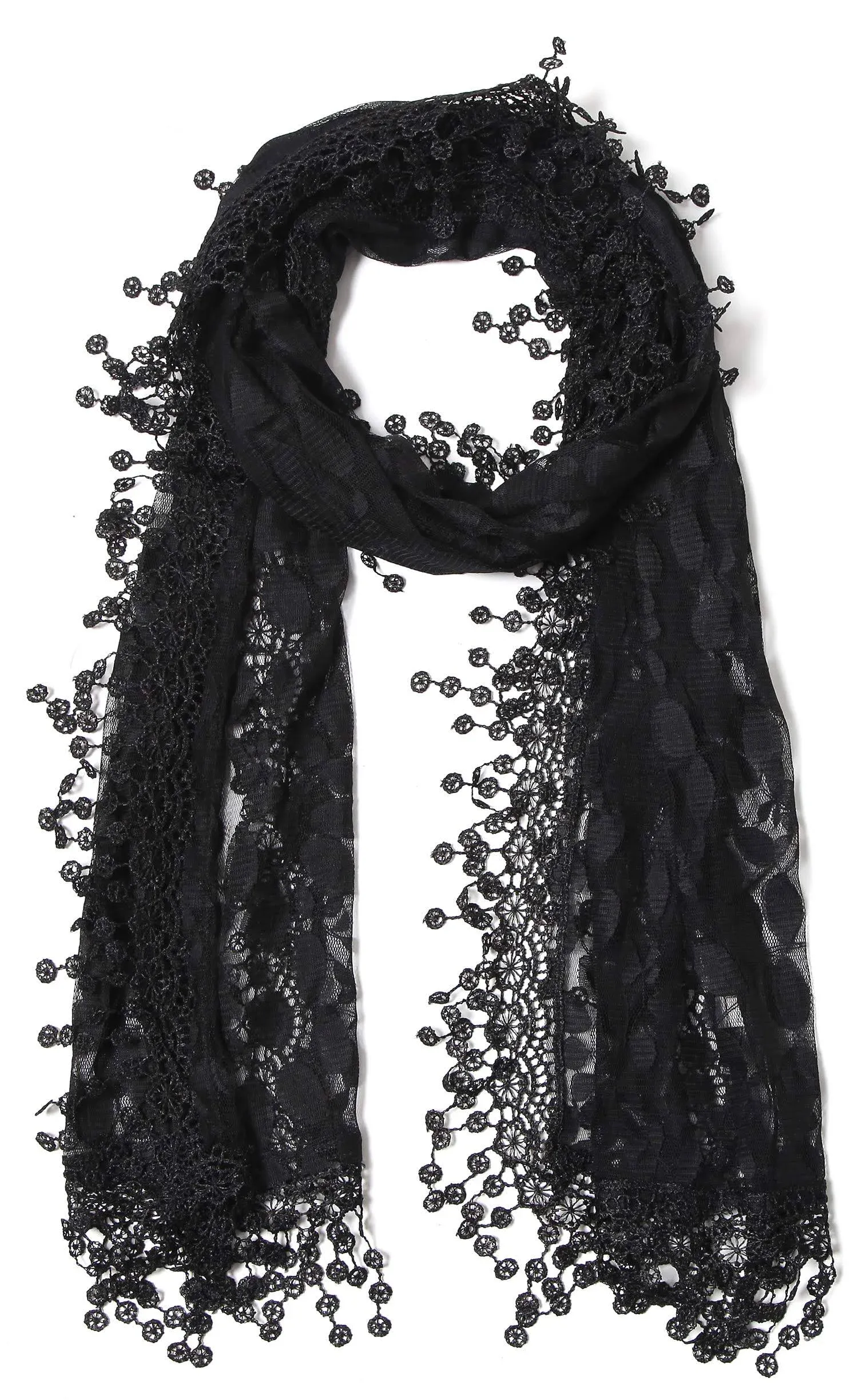 Cindy and Wendy Lightweight Soft Leaf Lace Fringes Scarf Shawl for Women Black-1