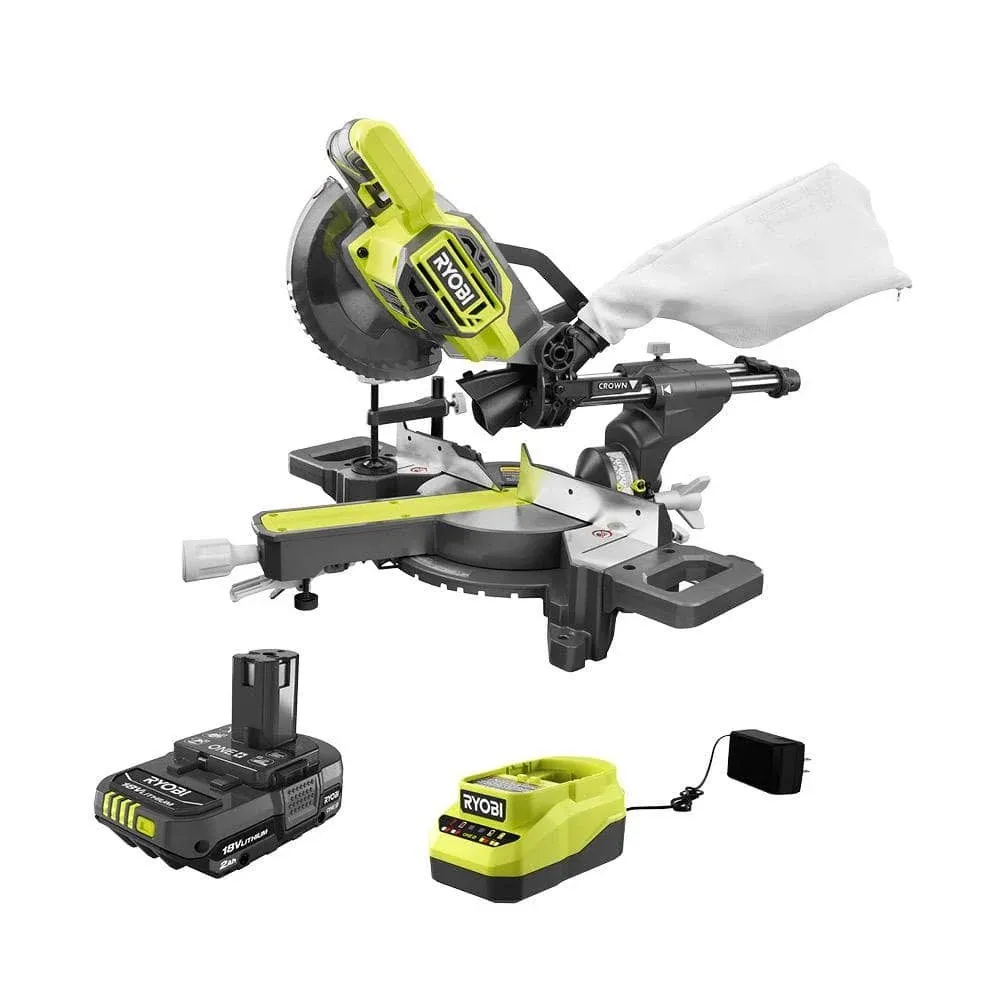 Ryobi PBT01B-PSK005 ONE+ 18V Cordless 7-1/4 in. Sliding Compound Miter Saw with 2.0 Ah Battery and Charger