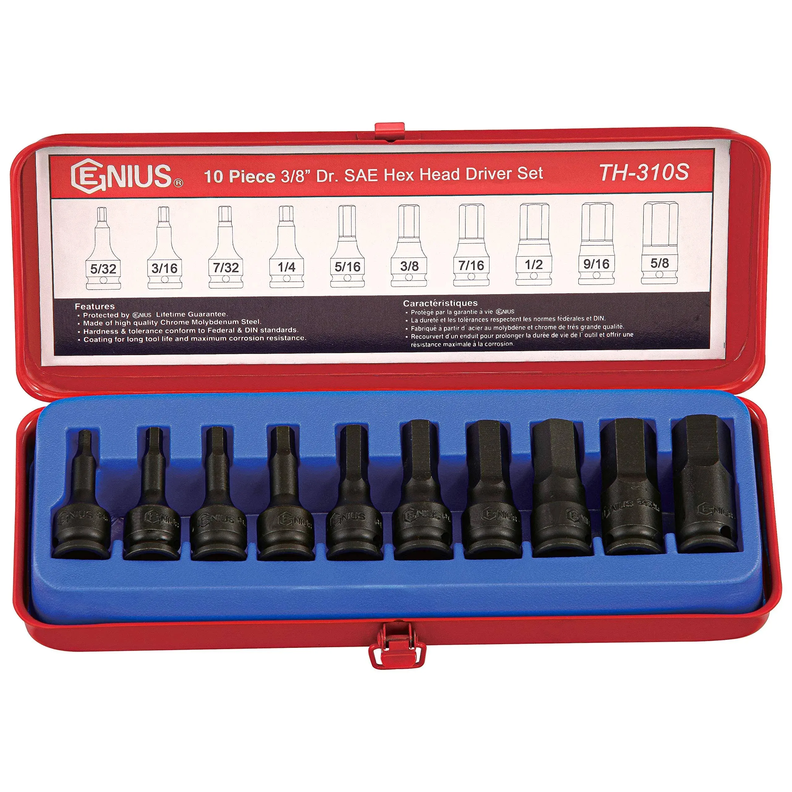 GENIUS TOOLS 10 Piece 3/8″ Dr. SAE Hex Head Driver Set TH-310S