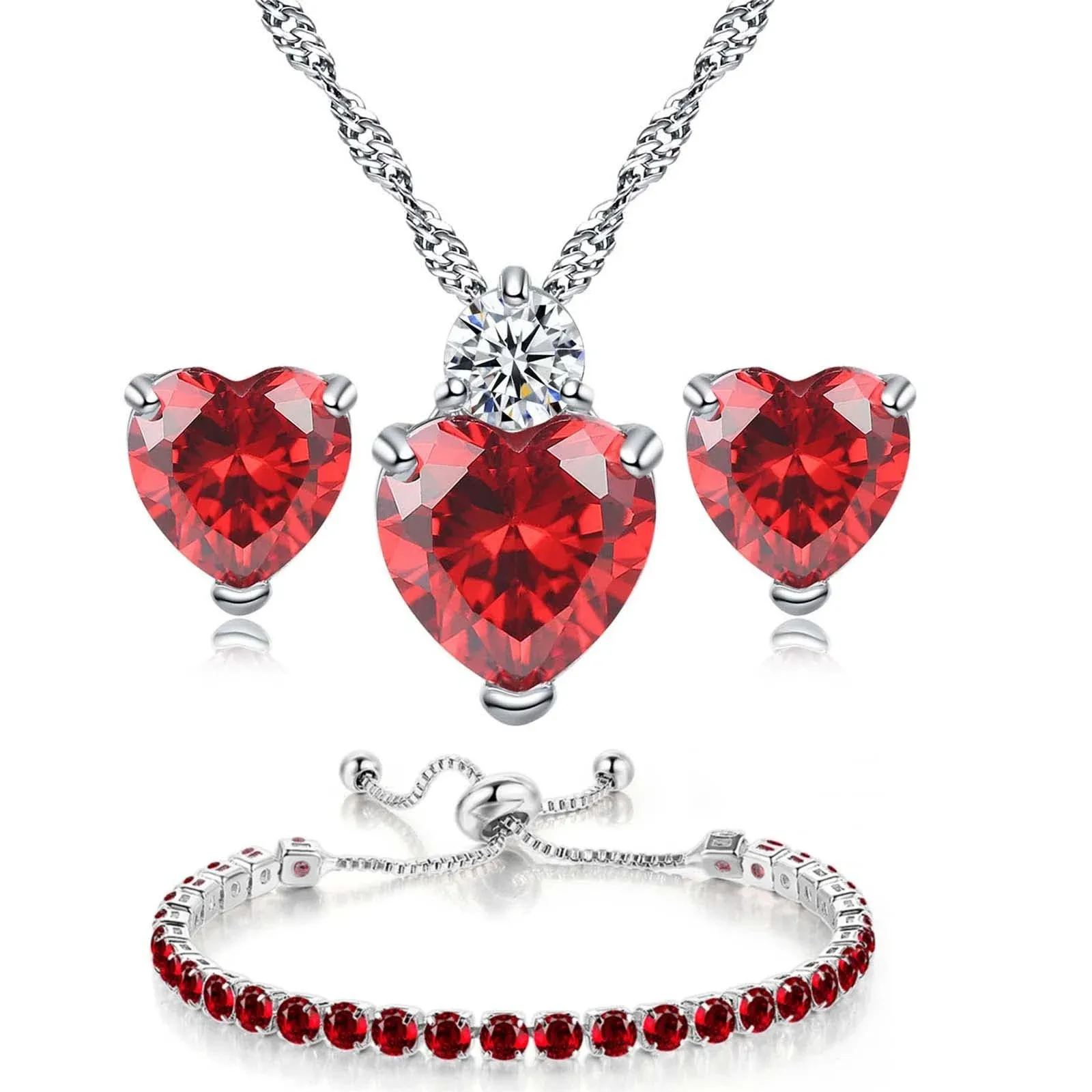 Hearts Necklace Necklace and Stud Earrings Bangle Set Simulated Ruby Crystal Sil