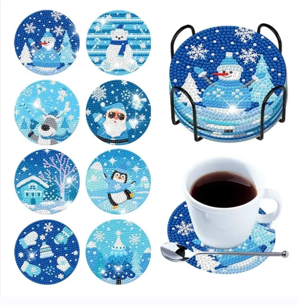 NEGHER 8 PCS Christmas Diamond Painting Coasters, Diamond Art Coasters with Holder, DIY Snowmen Diamond Painting Coasters Kits for Beginners Kids Adults Craft Supplies Home Decoration