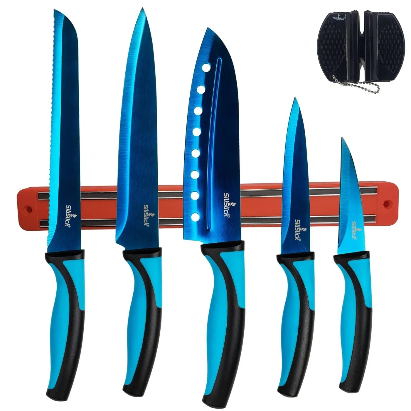 Kitchen Knife Set Kit  Blue Handle, Blue Blade and Red Magnetic Rack