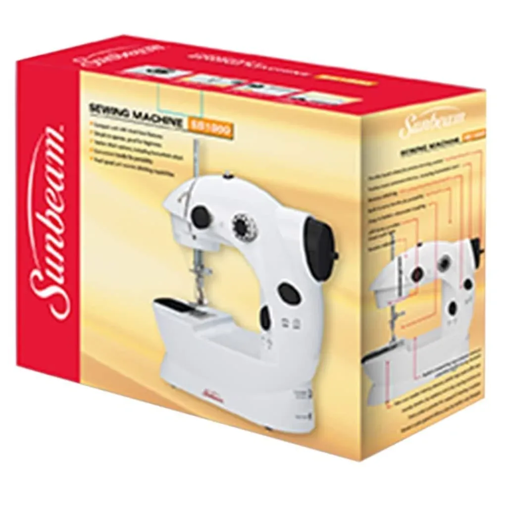 Sunbeam Mini Portable Sewing Machine AC Adapter Foot Pedal And Over 75 Piece Sewing Kit Included, Drop In Bobbin For Easy Set Up, Double Thread and Speed, Pre Threaded Ready To Use, Battery Operated As Well