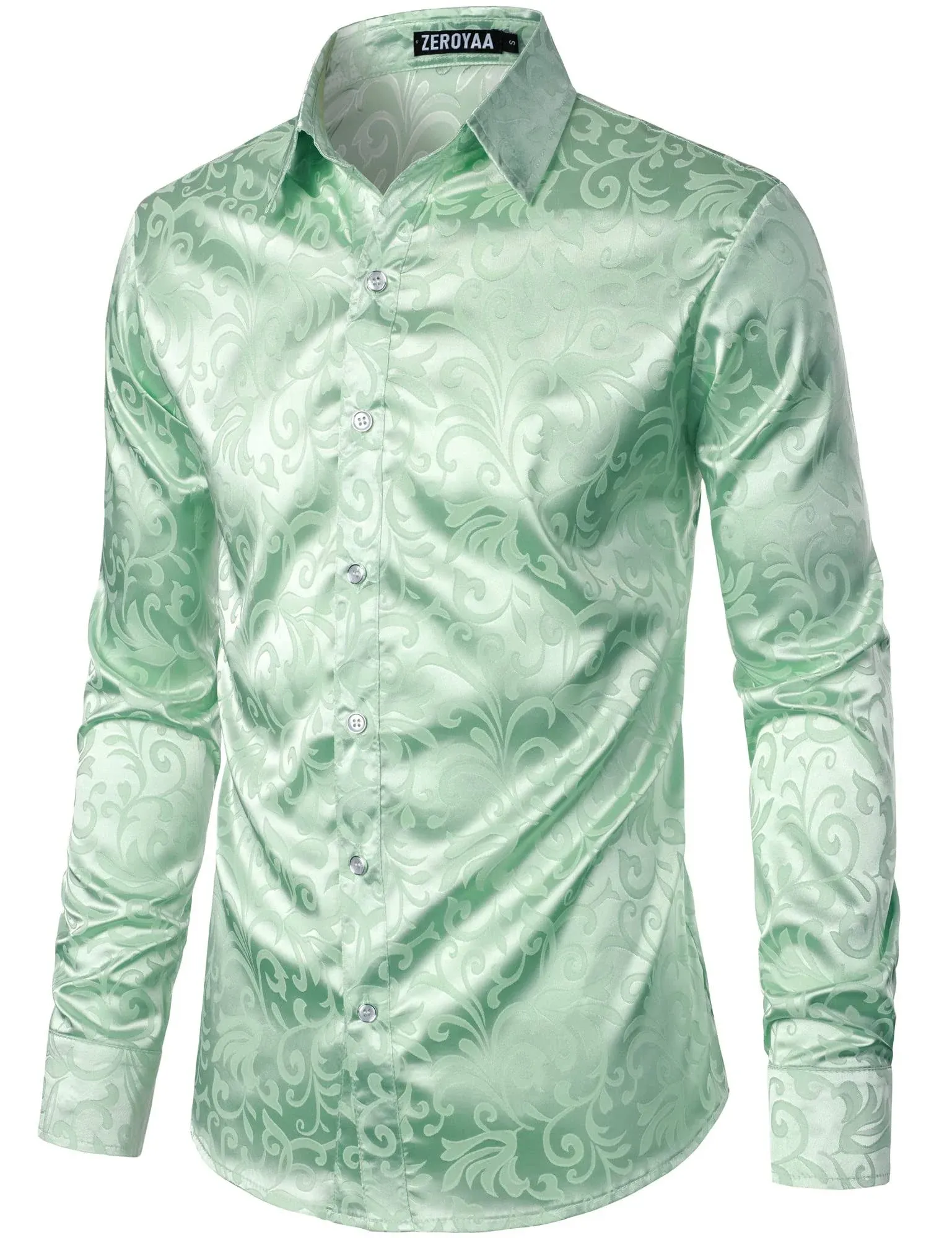 ZEROYAA Men&#039;s Luxury Jacquard Long Sleeve Dress Shirt Shiny Satin Slik Like Wedd