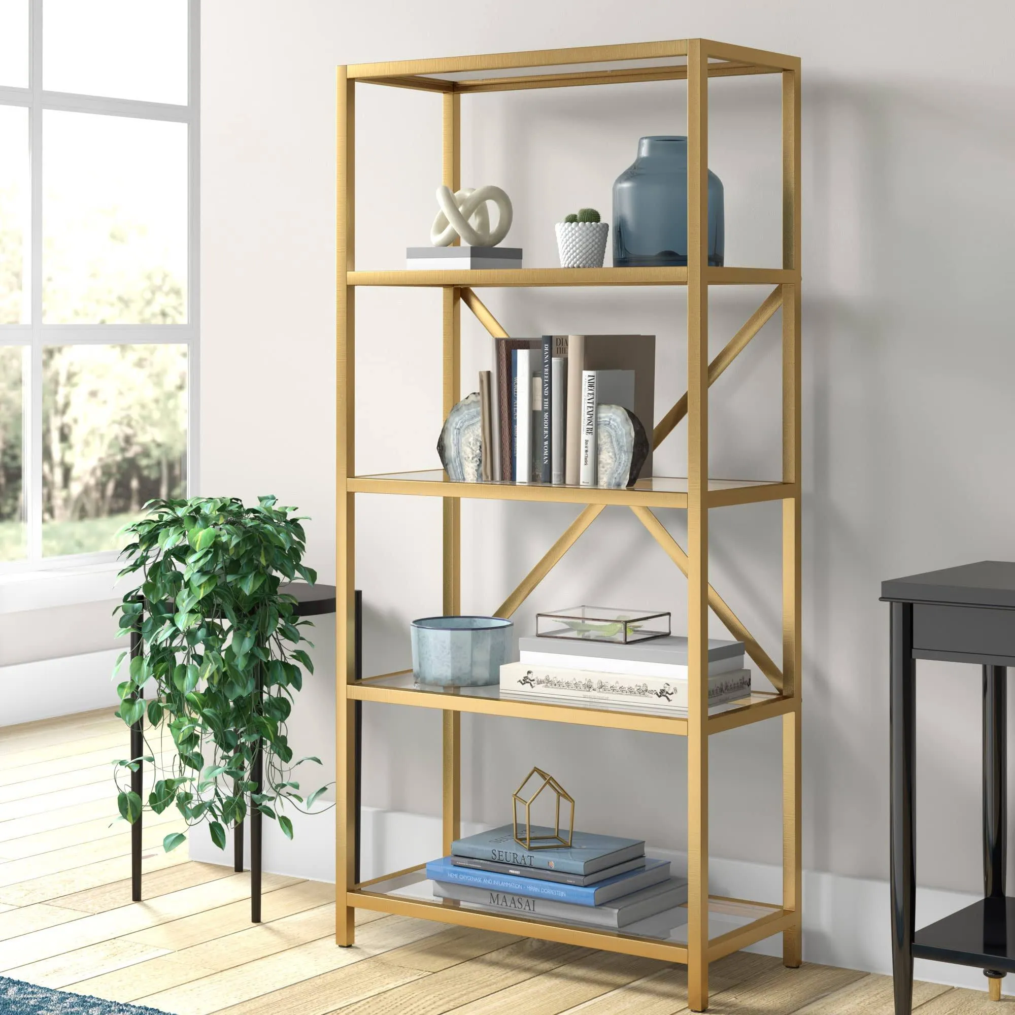 Etta 63'' Tall Rectangular Bookcase in Brushed Brass