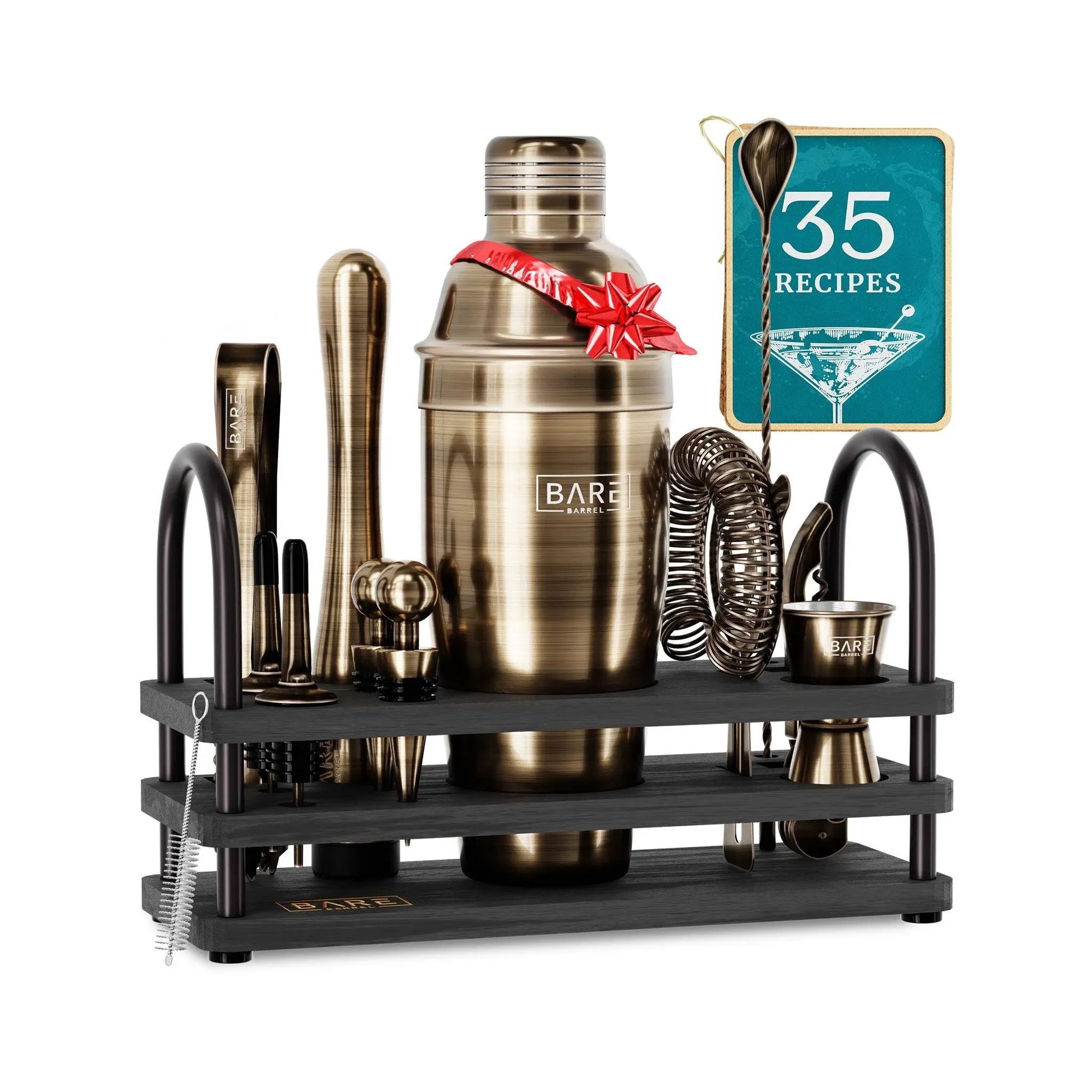 BARE BARREL® Mixology Bartender Kit Bar Set | 14-Piece Cocktail Shaker Set | Martini Barware Mixing Tools for Home Bartending | 35 Recipe Cards | Gift Set (24oz Cobbler Shaker, Bronze Brass/Black)