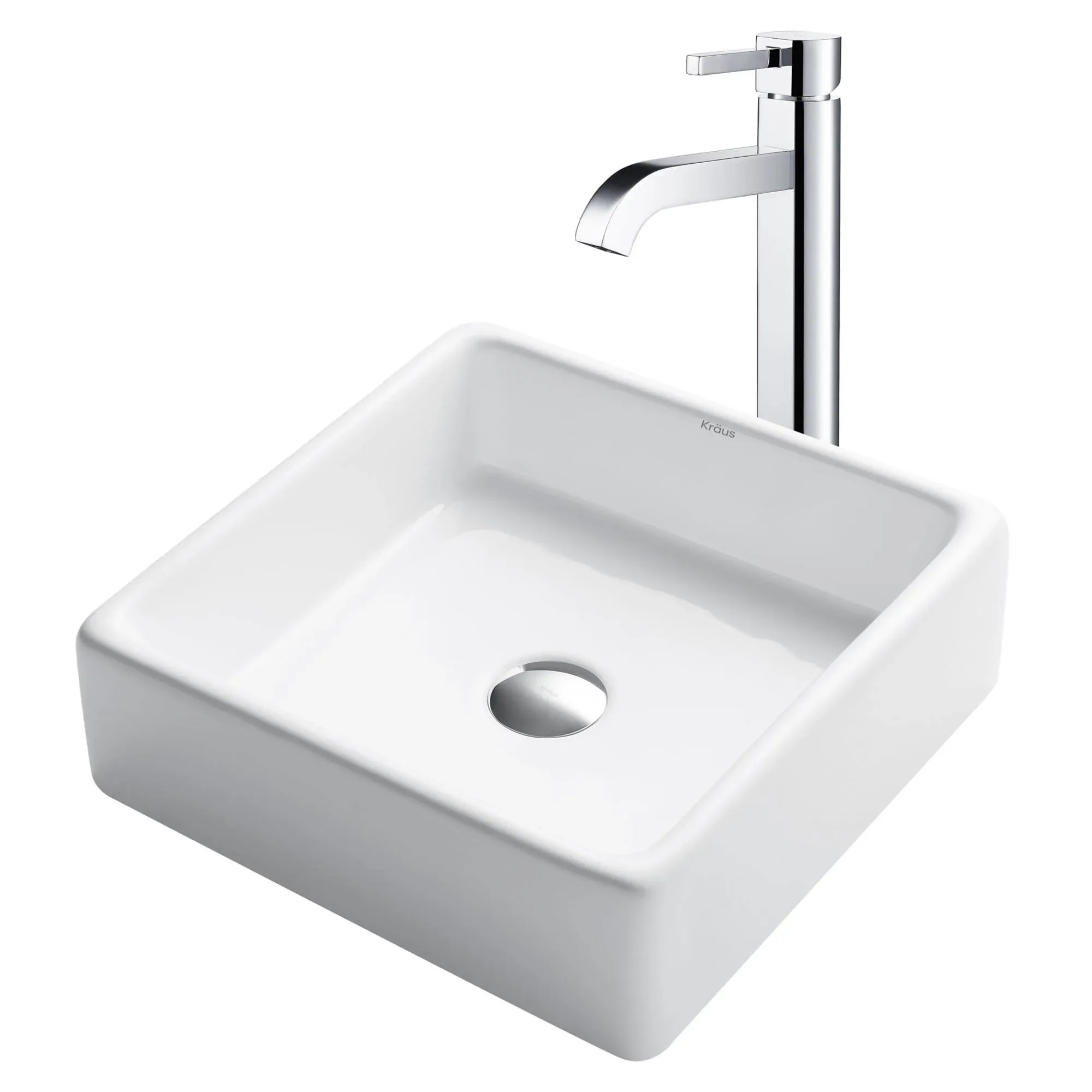 15&quot; Square White Porcelain Bathroom Vessel Sink and Ramus Faucet Combo Set with Pop-Up Drain