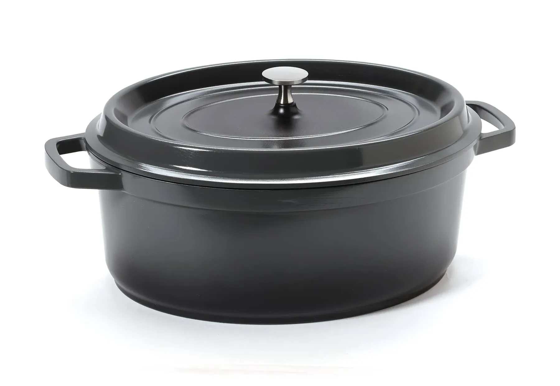 Heiss Induction Dutch Oven, 6-1/2 qt. (7 qt. rim full), 12-1/8in. x 9-7/8in. x 4-1/4in.H, oval, with lid, heat resistant to 500deg.F, oven/induction/gas/electric/open flame safe, dishwasher safe, chip and stain resistant, cast aluminum with ceramic enamel coating, gray with black interior, clea