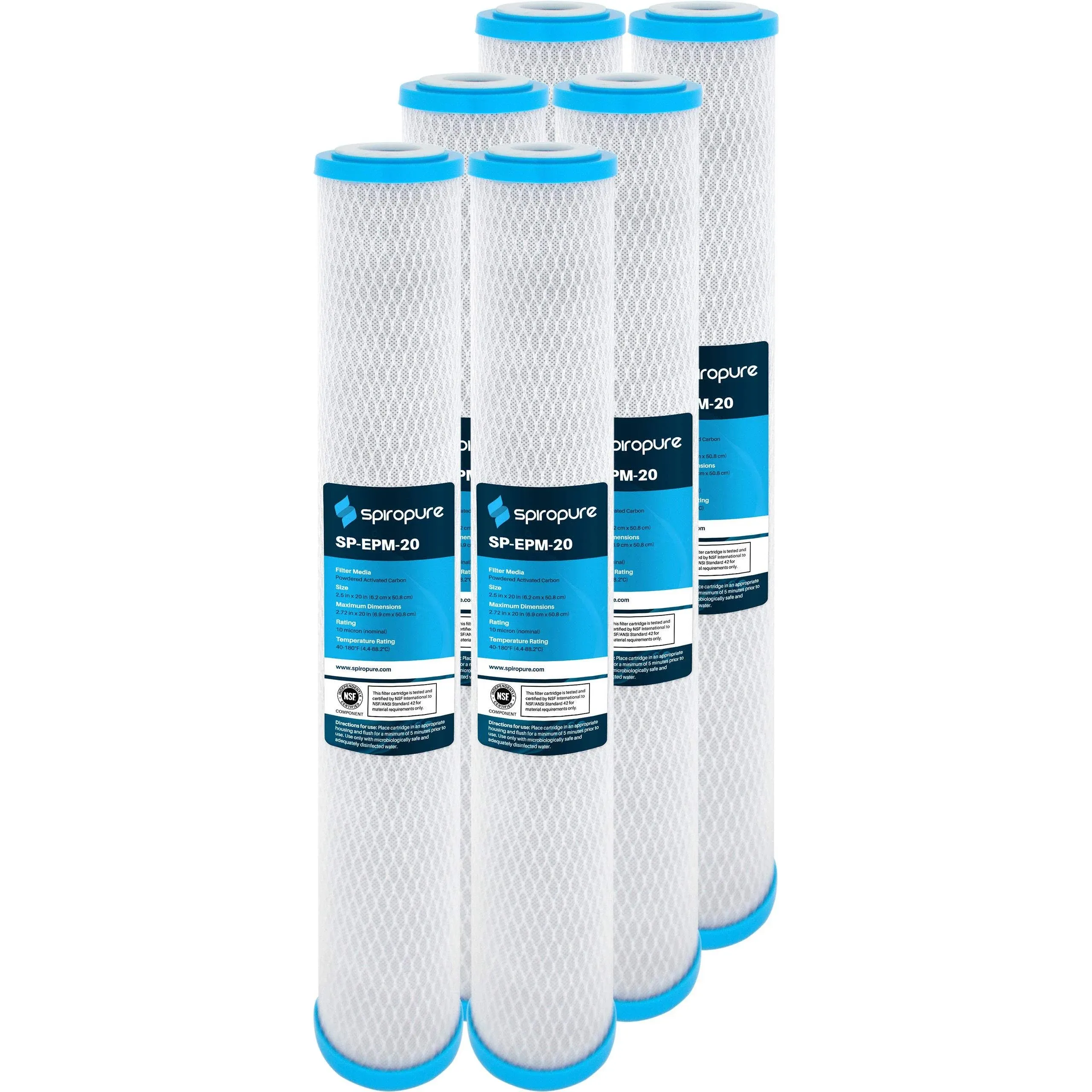 SpiroPure Replacement for EPM-20 155635-43 CFB-20 255672-43 CB-25-2010 20x2.5 10 Micron NSF Carbon Water Filter Cartridge (6 Pack)