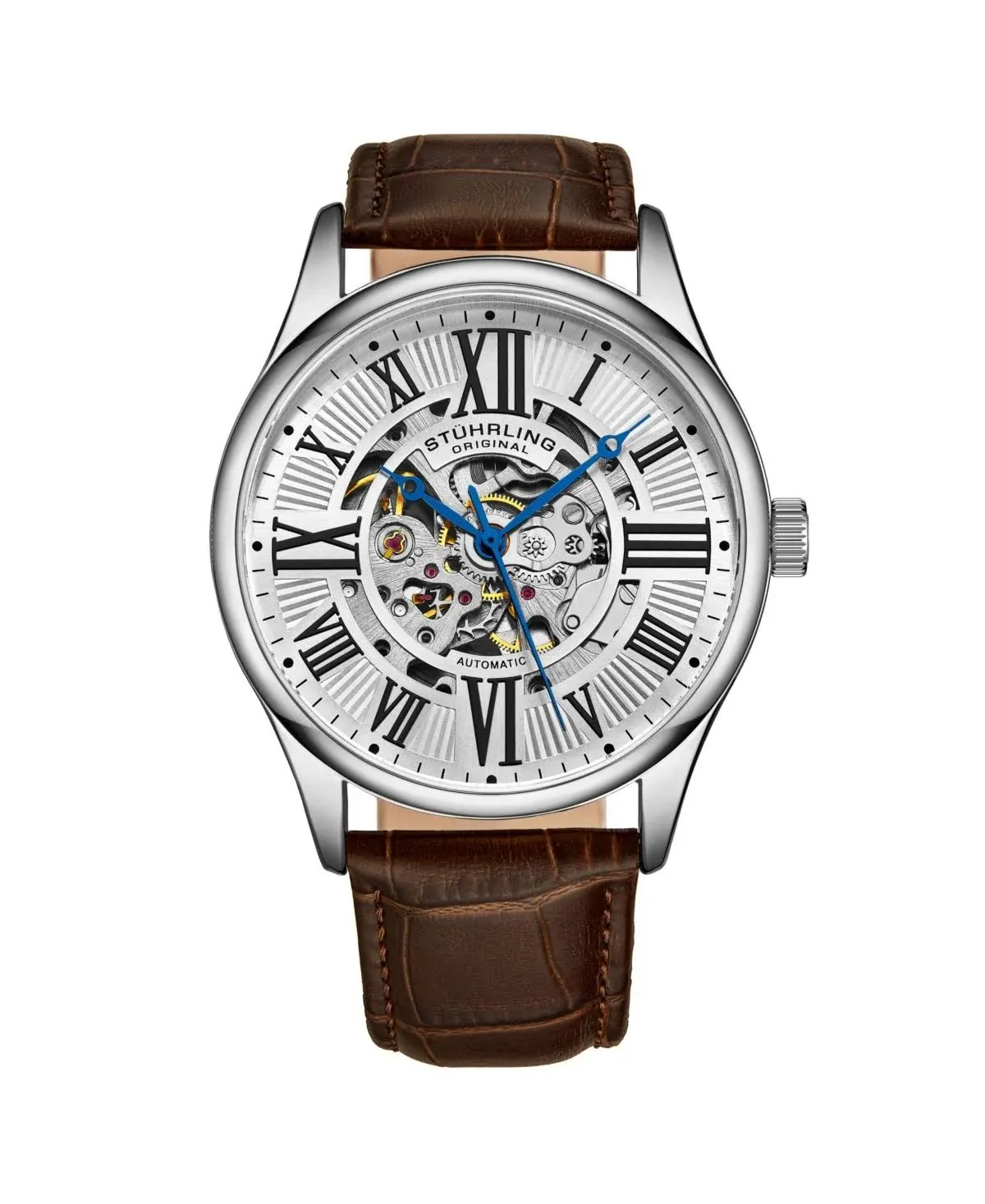 Stuhrling 3942 1 Automatic Skeleton Brown Leather Strap Mens Watch