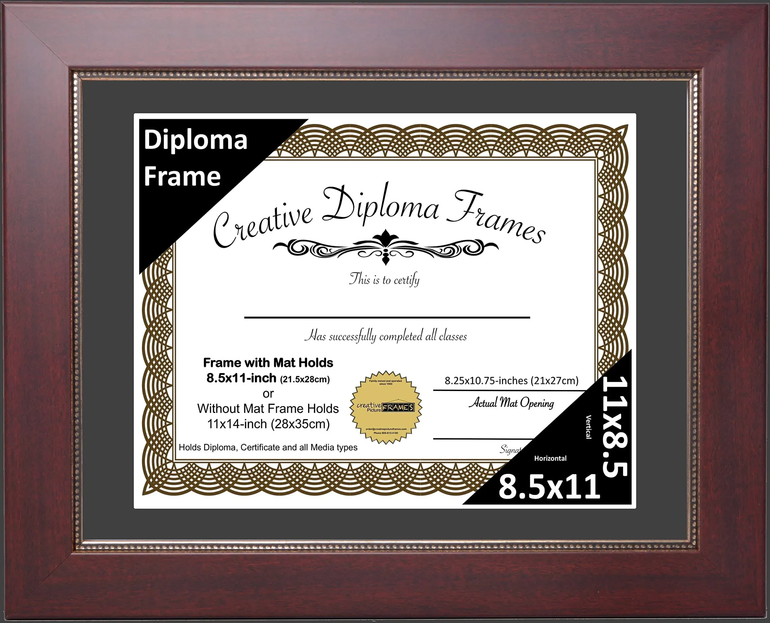 Creative Picture Frames 8.5x11-inch Matted Mahogany Diploma Frame with Printed Gold Relief with Self Standing Easel and Installed Wall Hangers