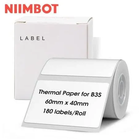 NIIMBOT Labels for B3S K3 Label Printer, 2.36''x1.57''(60x40mm) Thermal Sticker Label, Waterproof, Tear-Proof Thermal Label Paper, 1 Roll of 180 Self-Adhesive Printer Labels(White)