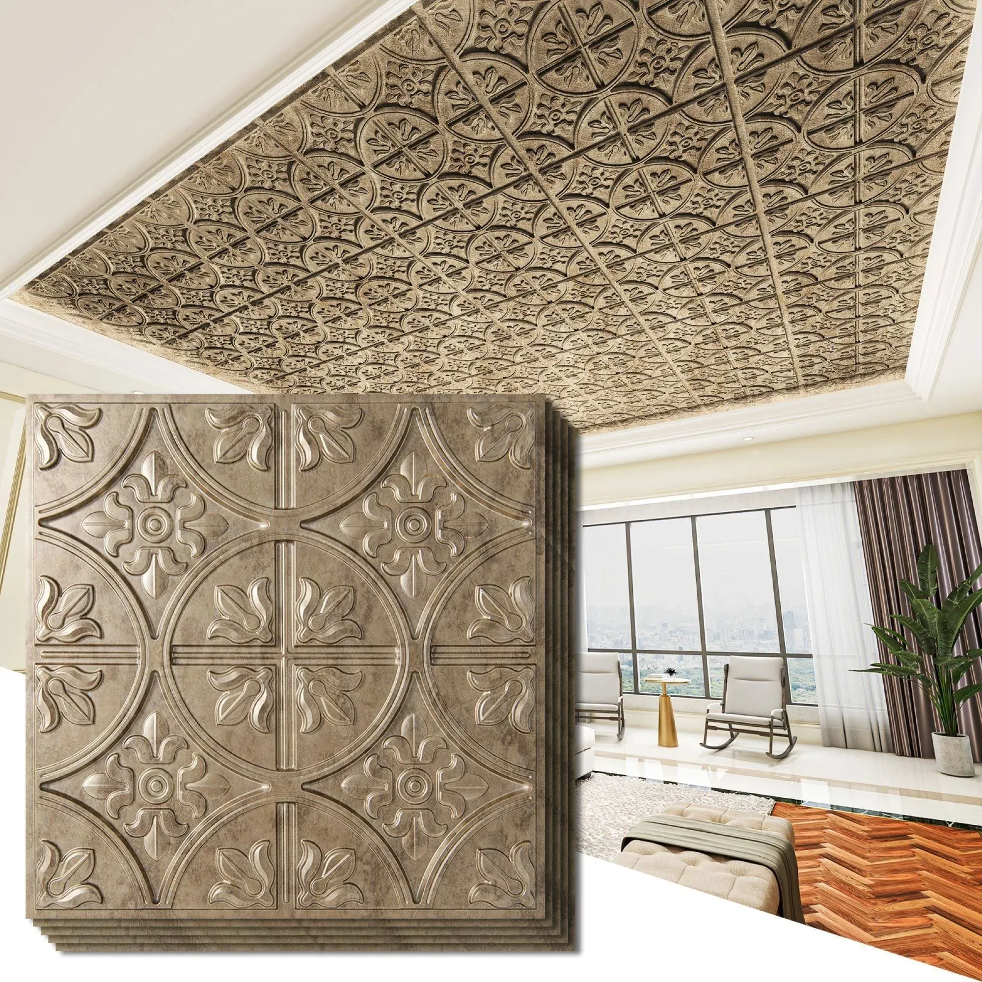 Art3d Drop Ceiling Tiles 2x2, Glue-up Ceiling Panel, Fancy Classic Style, Antique Gold