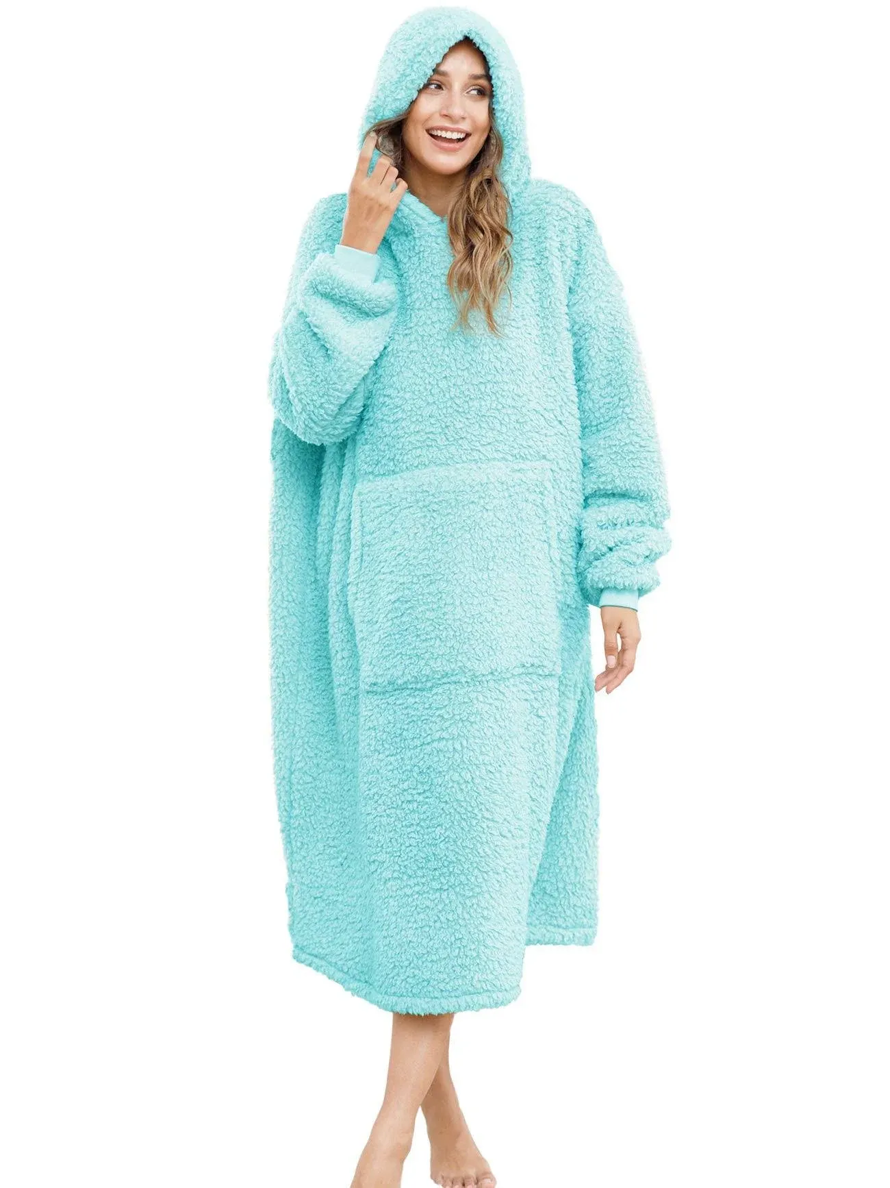 Sherpa Wearable Blanket Oversized Hoodie Sweatshirt TV Blanket with Long Sleeves and Pocket,One Size Fit All,Lakeblue