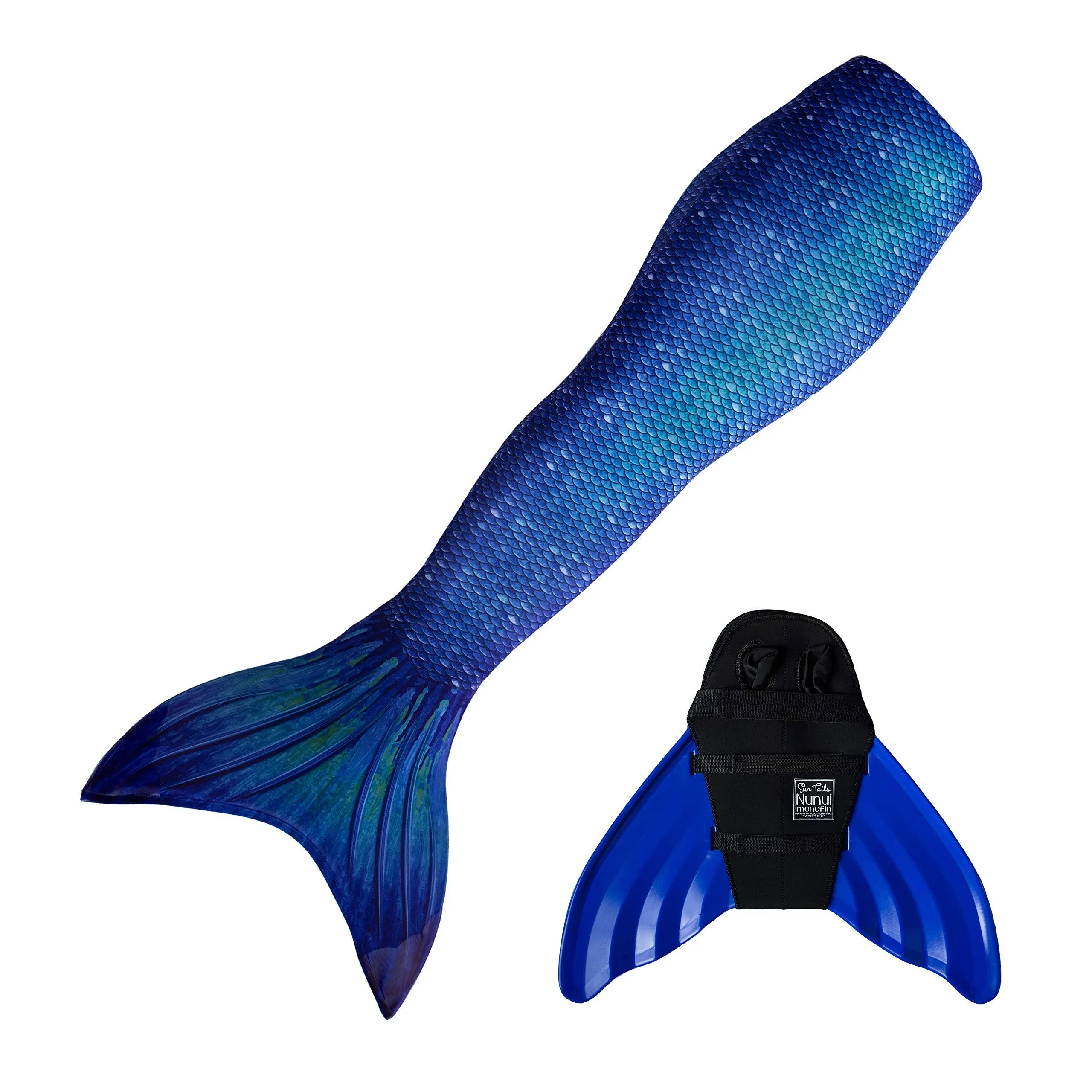 Sun Tails Mermaid Tail + Monofin for Swimming (Child L 8-10, Ocean Deep - Blue Monofin)