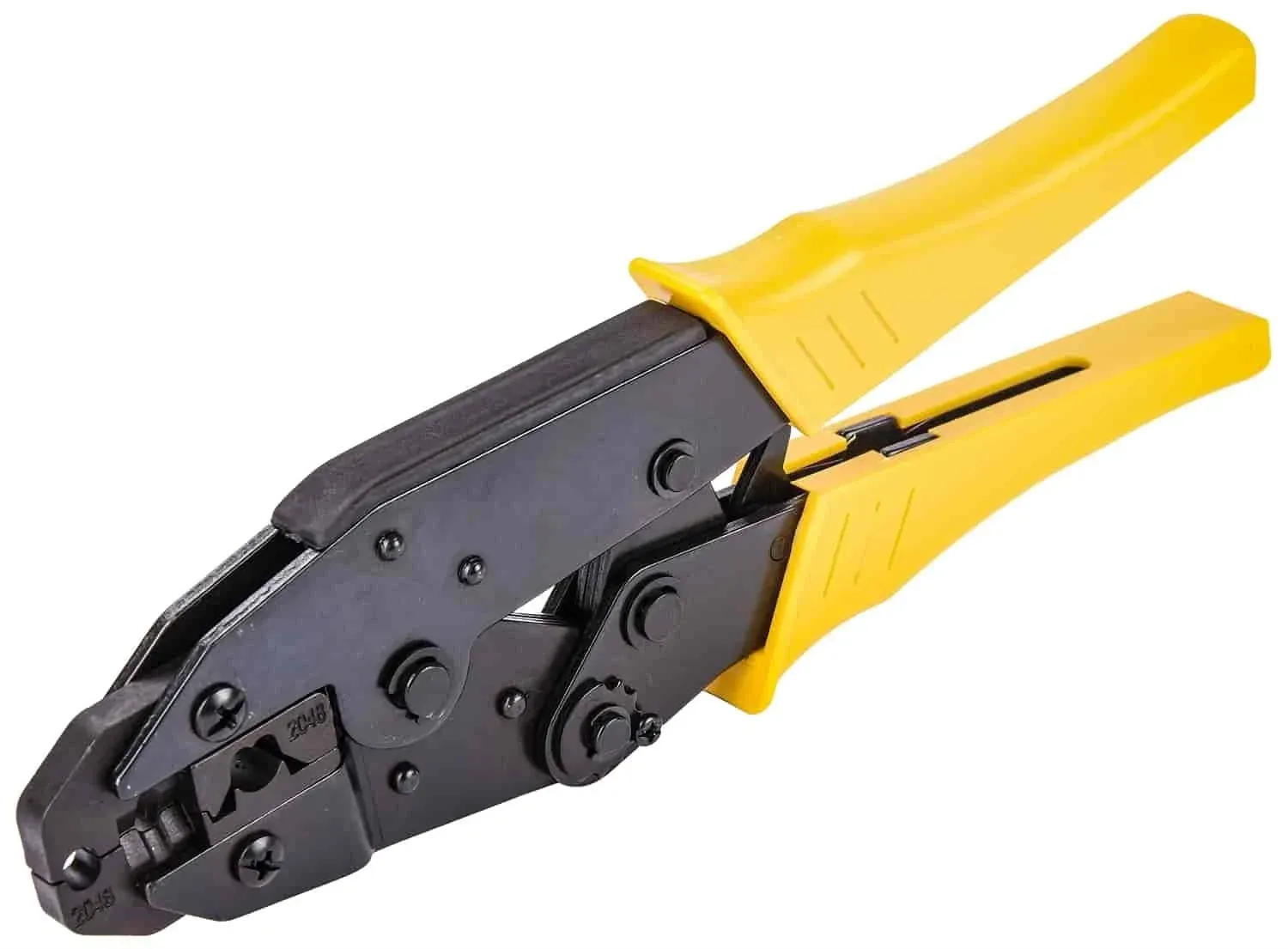 JEGS Spark Plug Wire Crimping Tool | Includes Removable 7 mm - 9 mm Spark Plug Dies | Yellow/Black Finish | Ratchet Action | Steel Frame | Cushion Grips