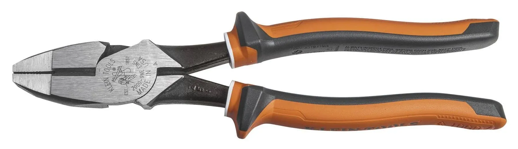 Linemans Plier: Insulated, Flat, 9 1/2 in Overall Lg, 1 5/8 in Jaw Lg, 1 3/8 in Jaw Wd, 9 - 11 in