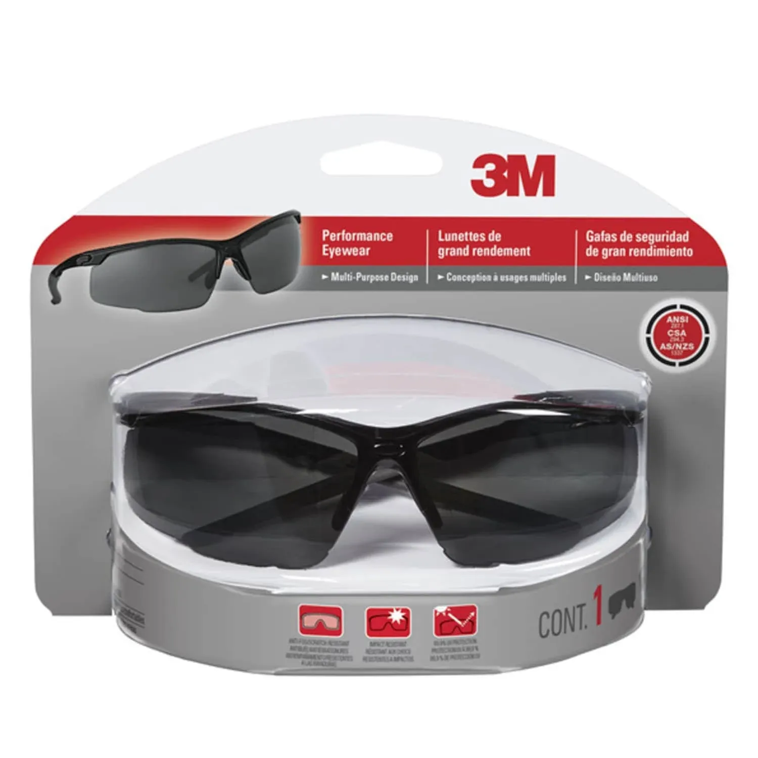 3M Performance Eyewear, Multi-Purpose Design, Black Frame, Gray Lens, 1/Pack