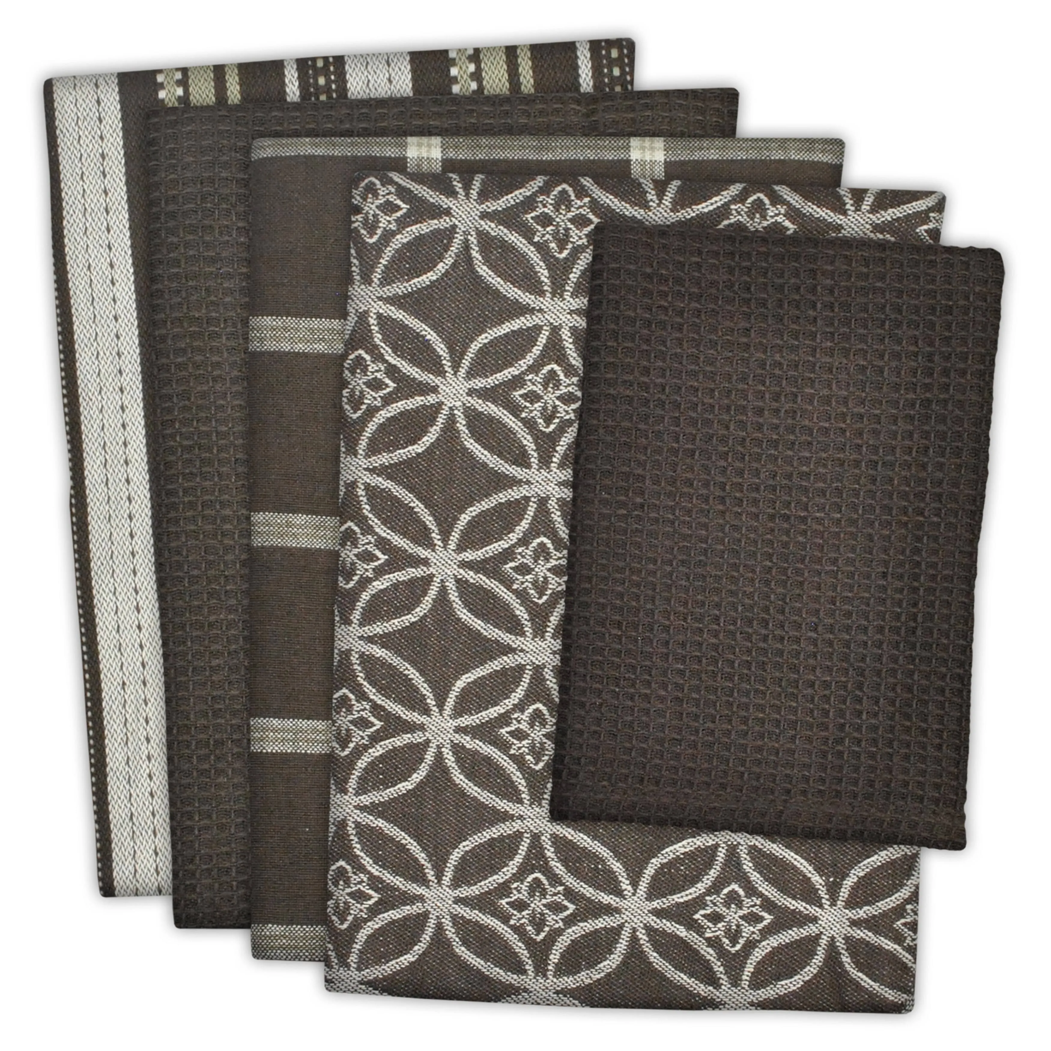 Assorted Woven Kitchen Set, Dishtowel, 18x28, Dishcloth, 13x13, Gray, 5 Piece