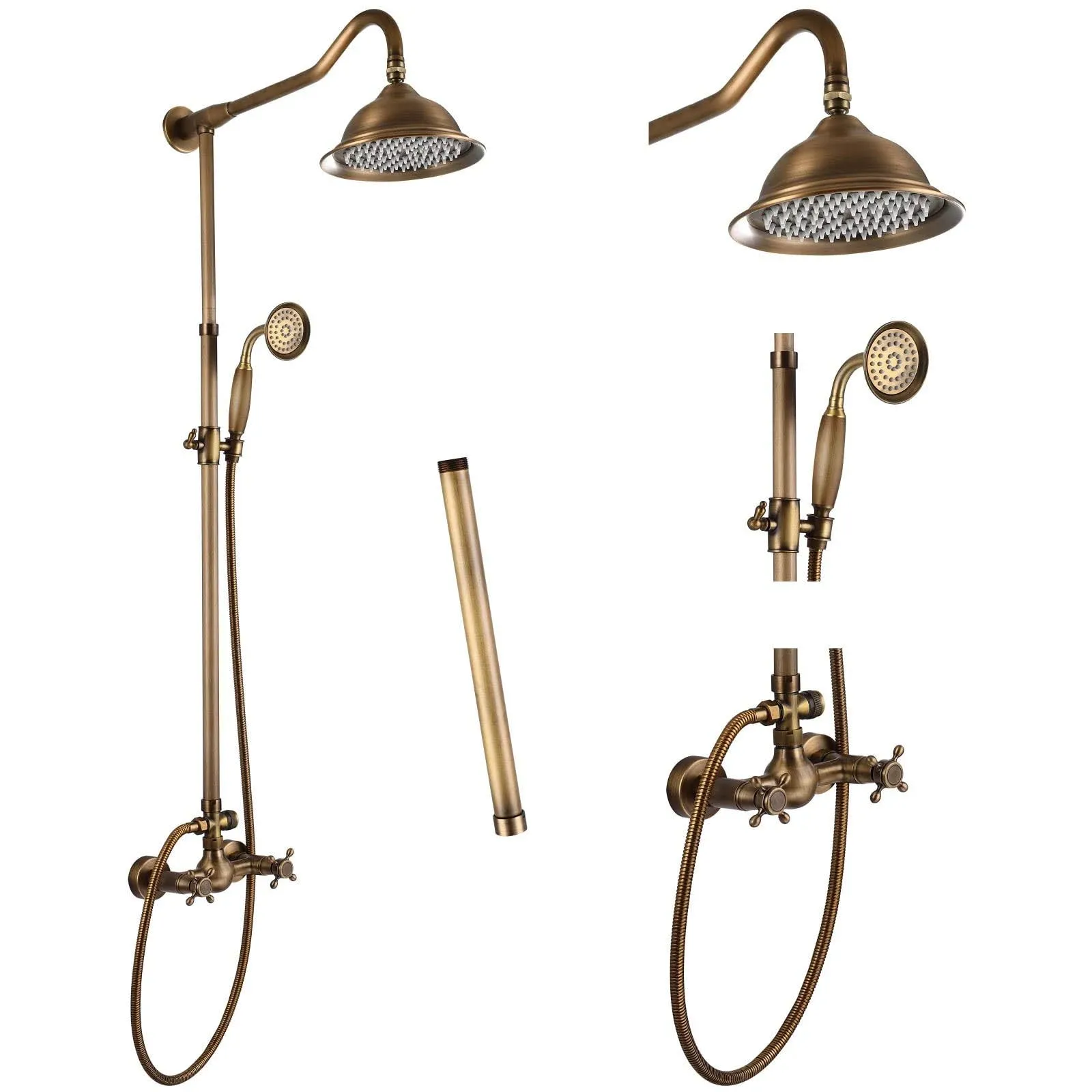 Aolemi Shower Faucet Antique Brass 8&#034; Rainfall Shower Head 12&#034; Tube - Dual Knobs