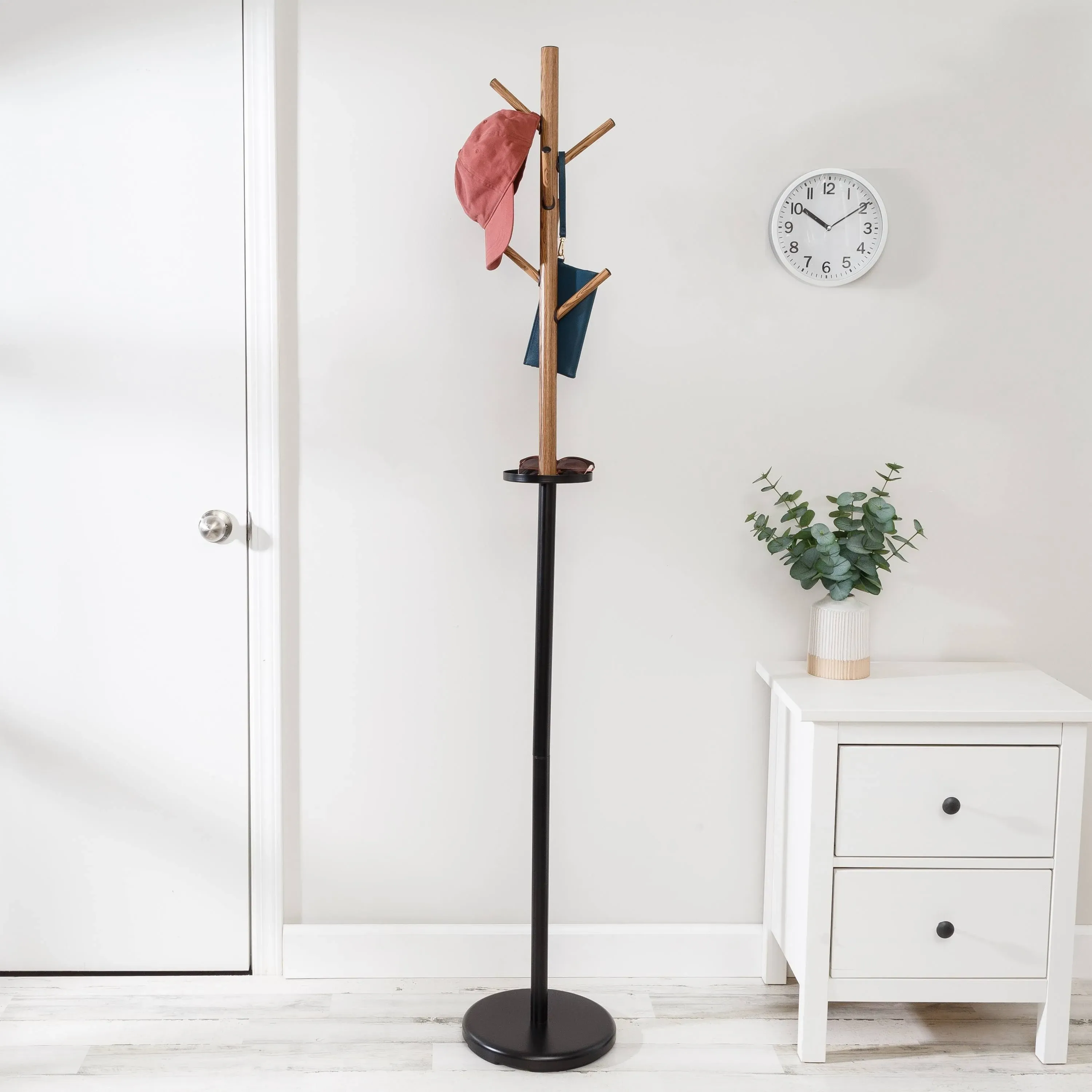 Honey-Can-Do Natural/Black Coat Rack with Accessory Tray