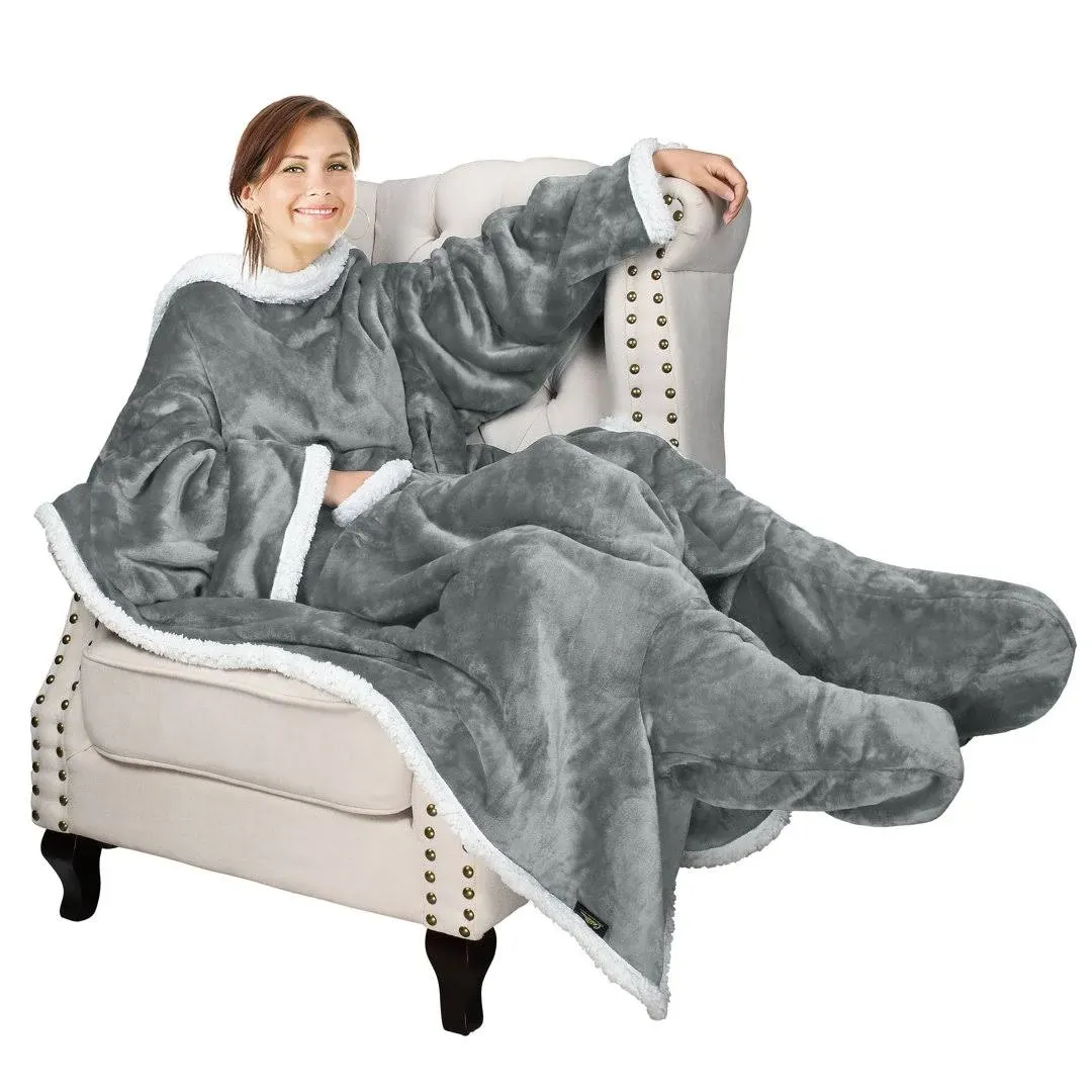 Catalonia Sherpa Wearable Blanket with Sleeves & Foot Pockets for Adult Women Men, Comfy Snuggle Wrap Sleeved Throw Blanket Robe, Gift Idea, Grey