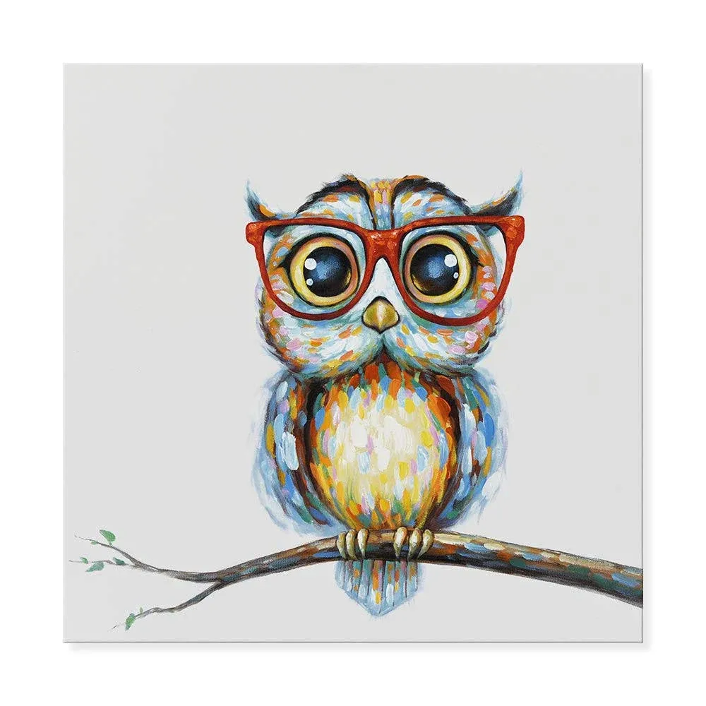 JAPO ART Funny Animal Canvas Wall Art Hand Painted Owl with Glasses Painting Colorful Owl Picture for Kidroom Baby Nursery Room Bedroom Home Decoration (24x24 Inch, Mrs Owl)