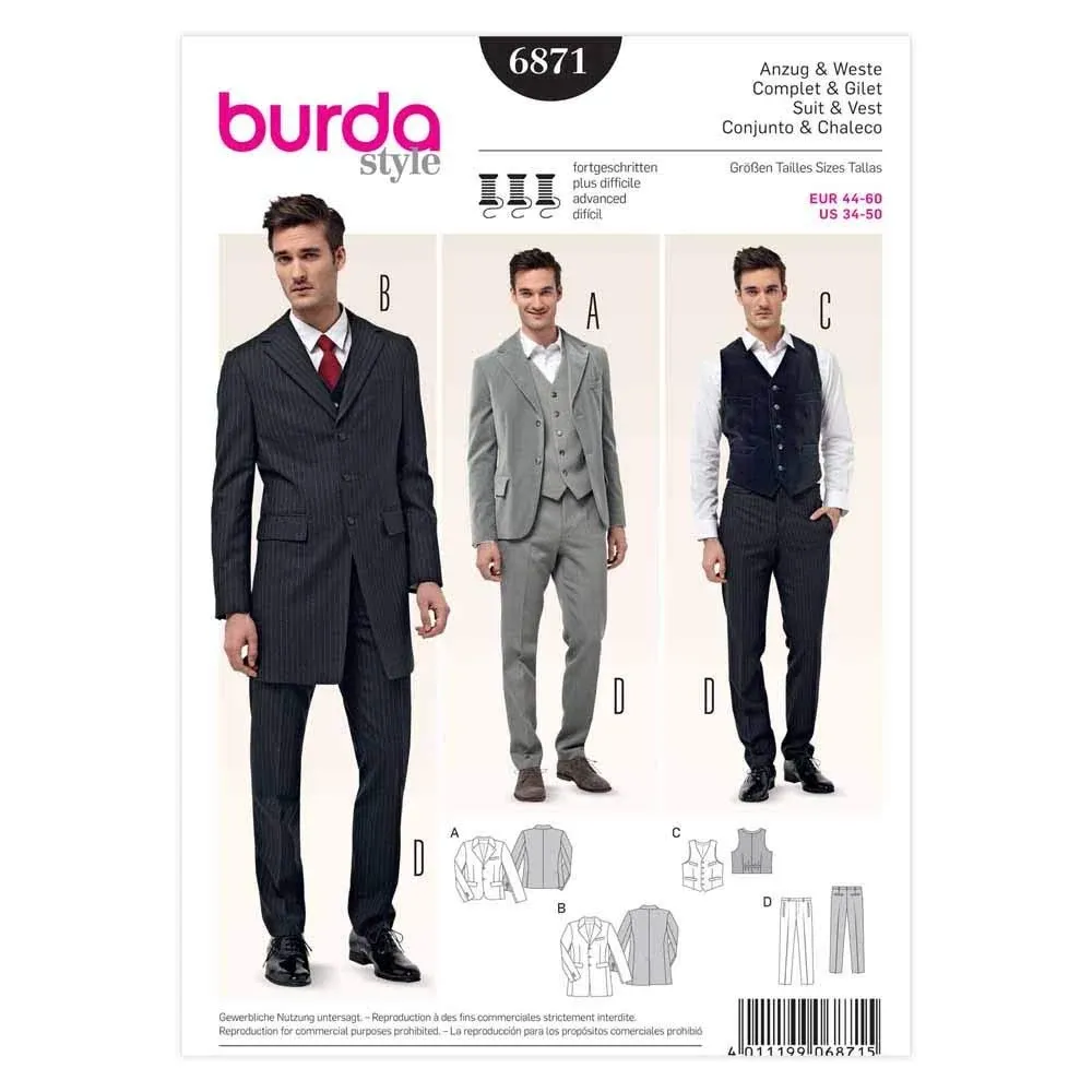 Men&#039;s Classic 3 Piece Suit Sewing Pattern~Jacket Vest Pants (34-50) Burda 6871