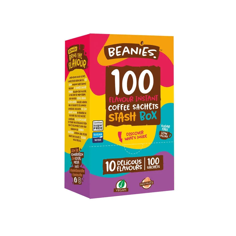 Beanies 100 Instant Coffee Packets – Variety Pack - Individual Coffee Singles – 10 Flavors for A Bold & Adventurous Coffee Gift Basket,100 Stick Mix