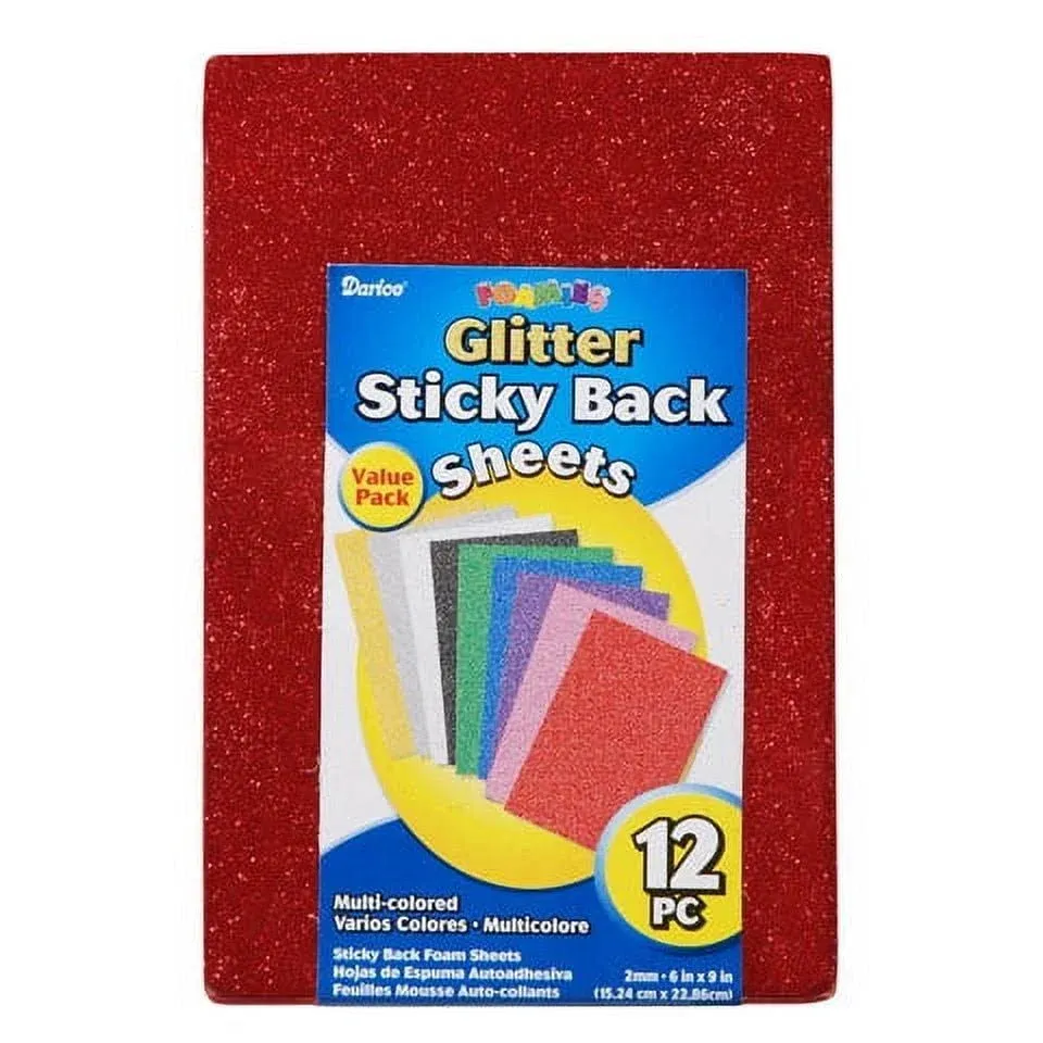 Darice 106-1009 12-Pack Foamies Sticky-Back Glitter Sheet, 6 by 9-Inch, Colors May Vary