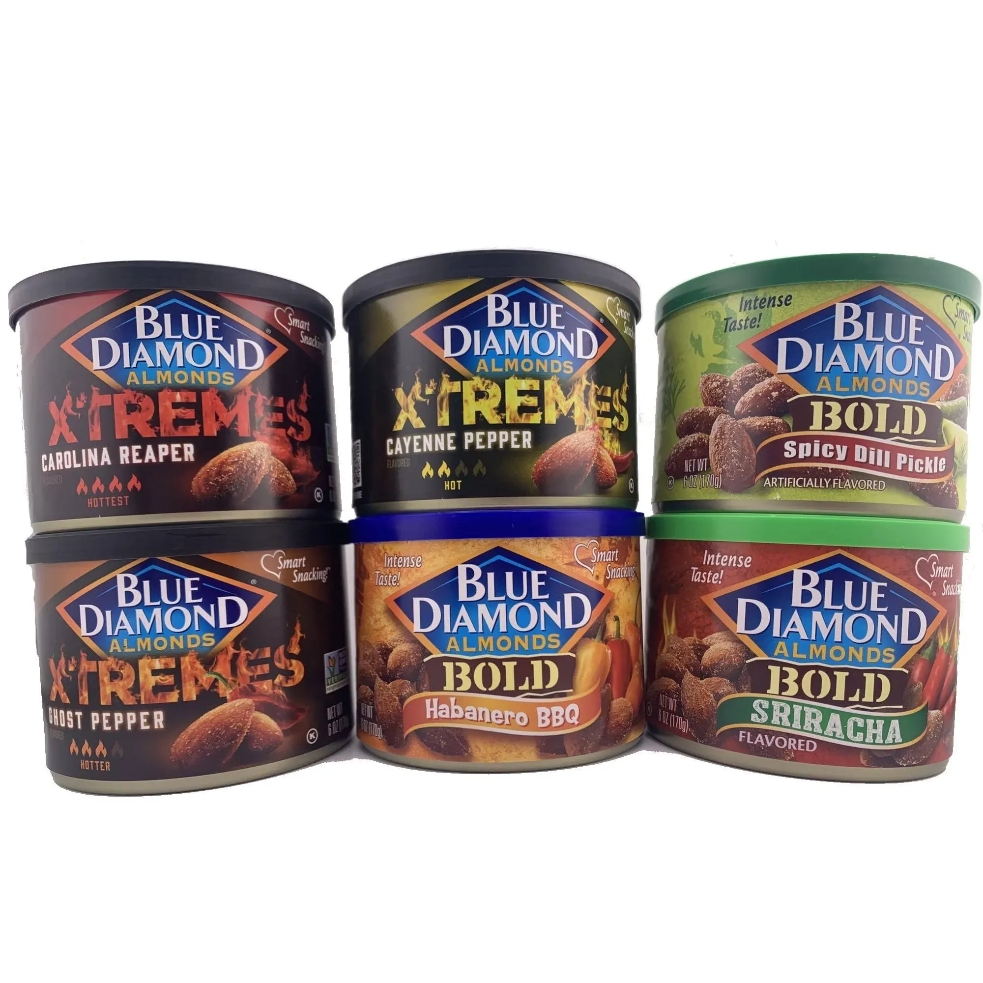 Blue Diamond Almonds Spicy Flavored Almonds Variety Pack, 6 Flavors, 6oz Each- Carolina Reaper, Ghost Pepper, Cayenne Pepper, Spicy Dill Pickle, Srira