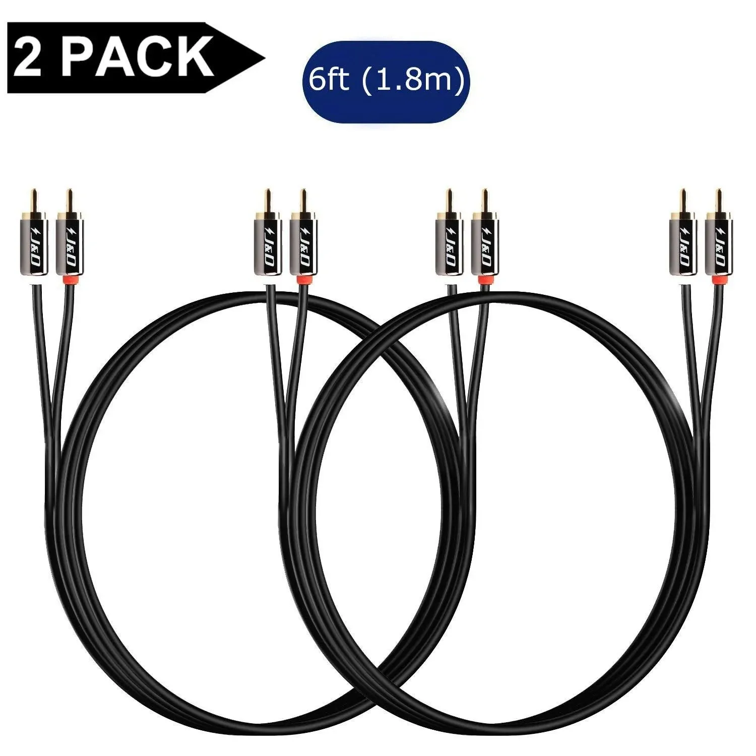 J&D RCA Cable, (2 Pack) Gold-Plated RCA Audio Cables, Copper Shell 2RCA Male to 2RCA Male Stereo Audio Cable, 6 Feet